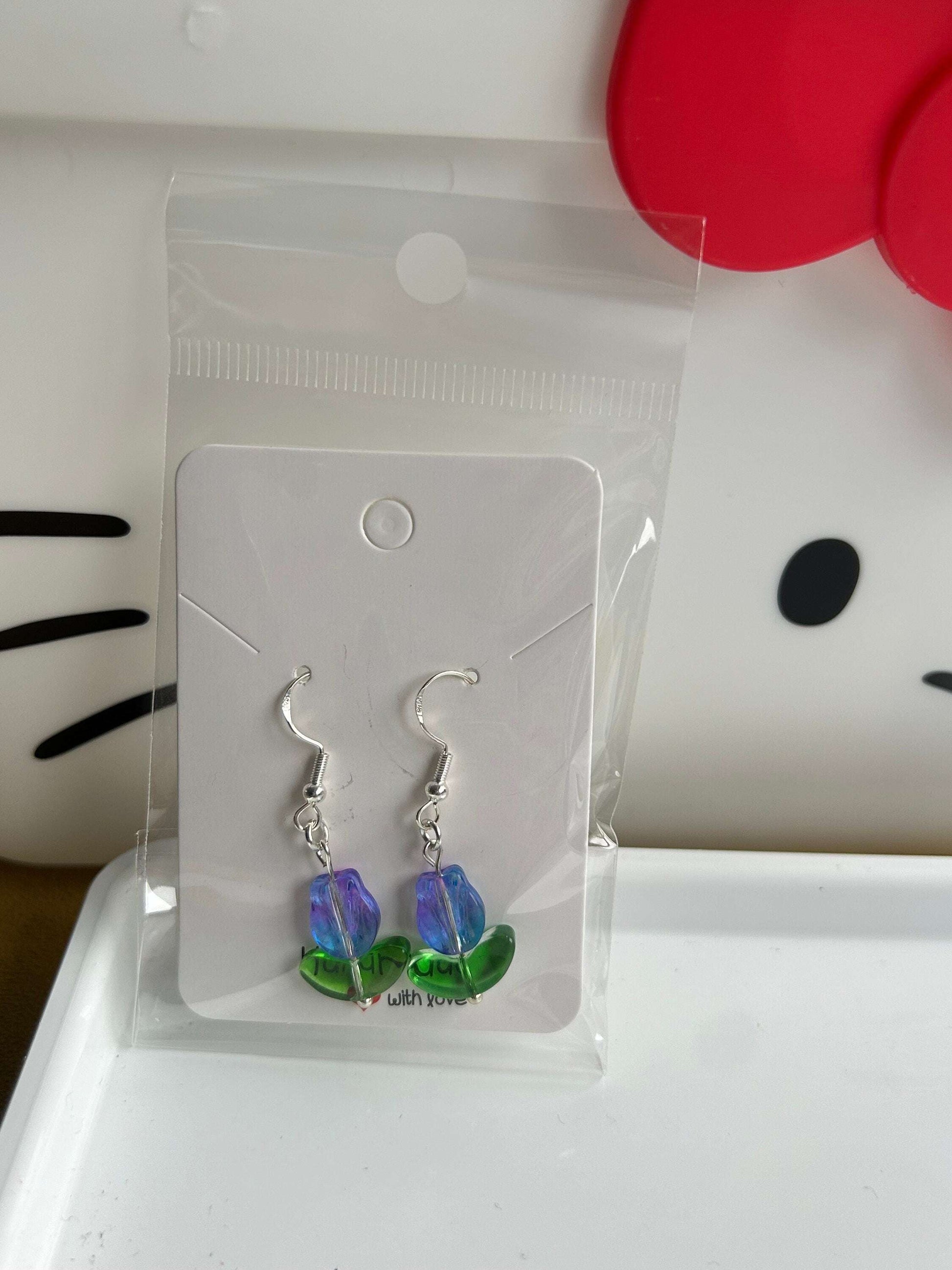 Handmade Cute Coquette Sterling Silver Tulip Earrings Purple Blue