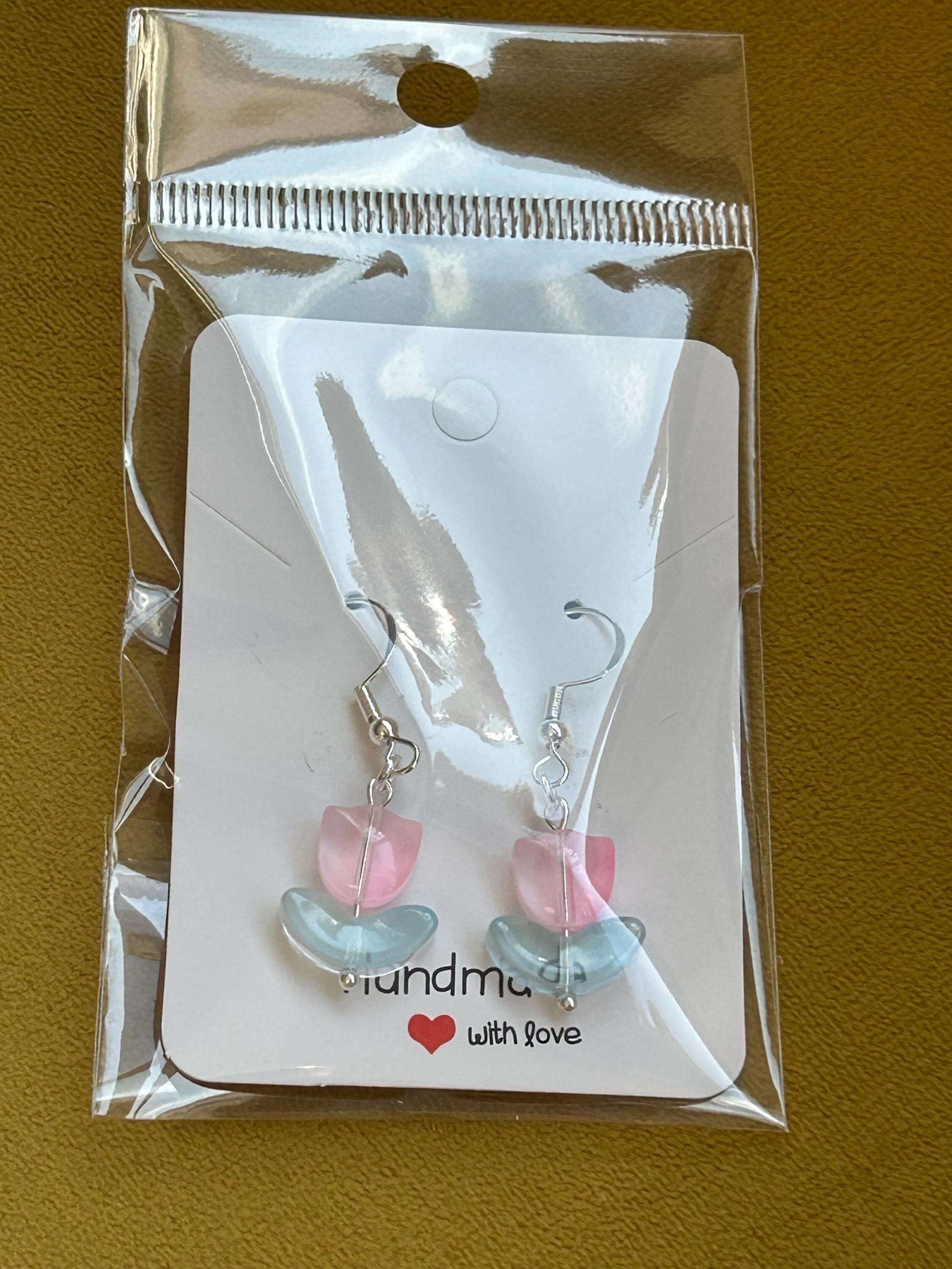 Handmade Cute Coquette Sterling Silver Tulip Earrings Pink Blue