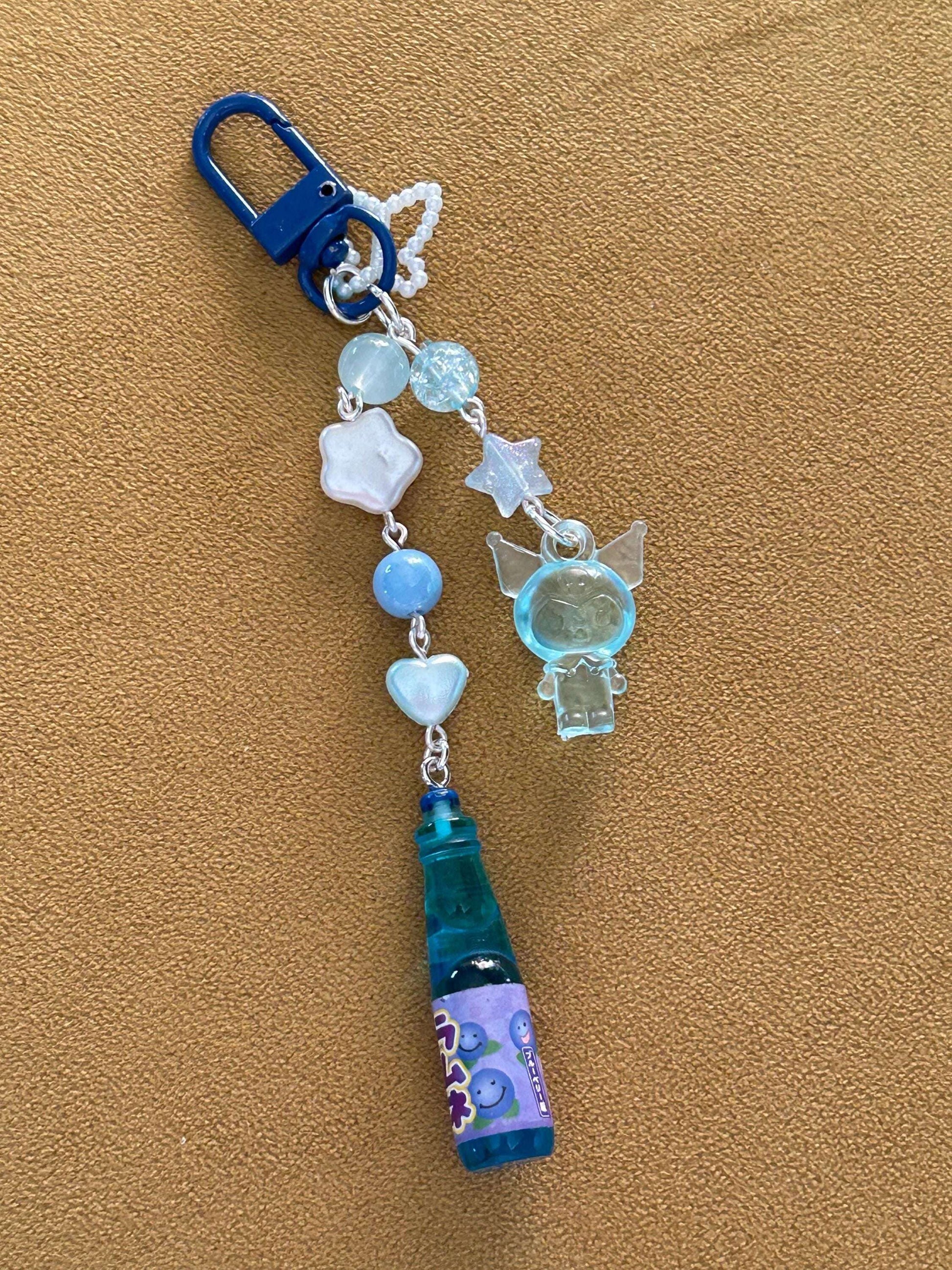 HANDMADE Kawaii Cute Themed Sanrio Ramune Drink Bottle Keychains Blue Kuromi