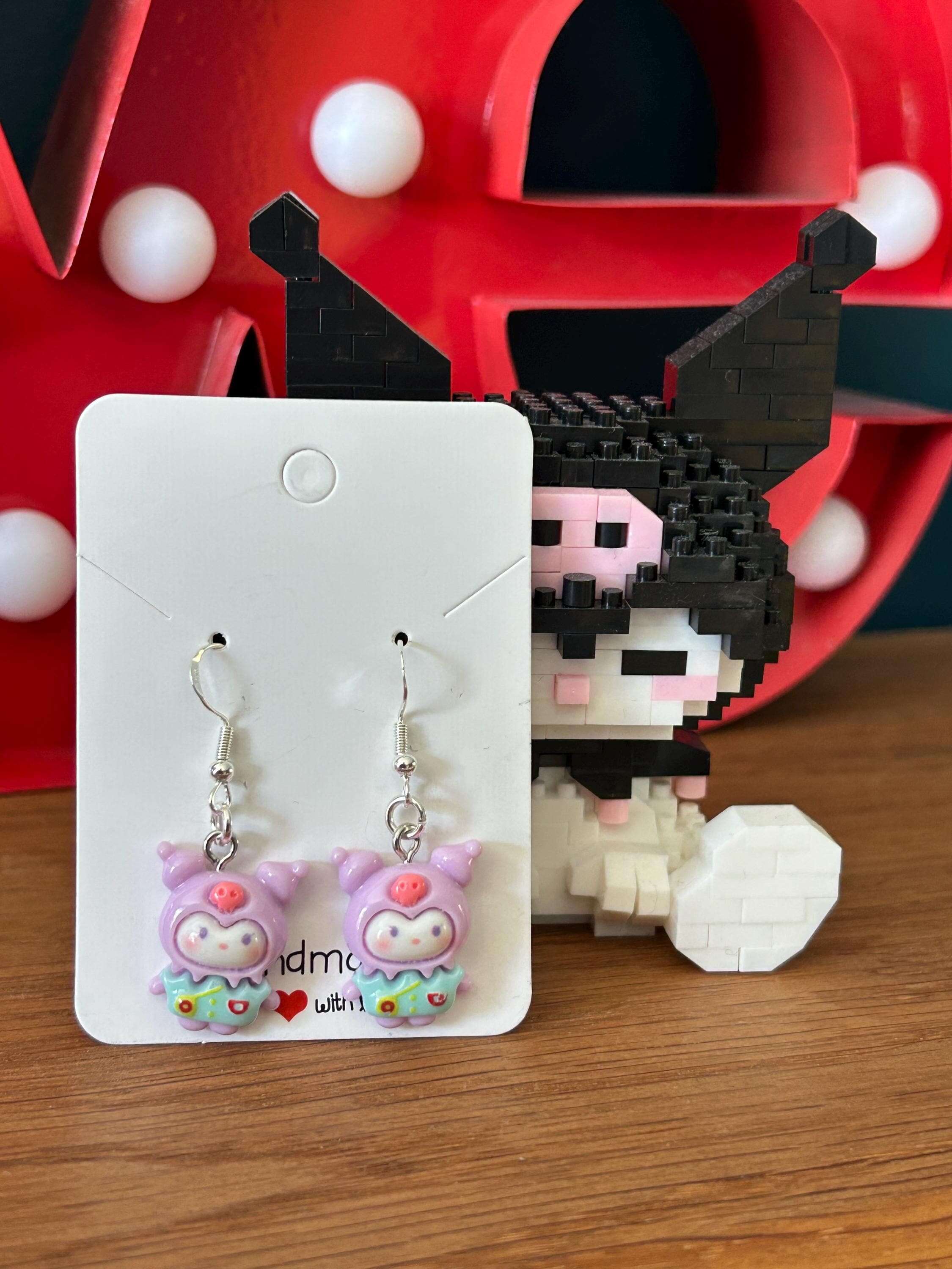 Handmade Cute Sanrio Spring Themed Kuromi Charm Sterling Silver Earrings