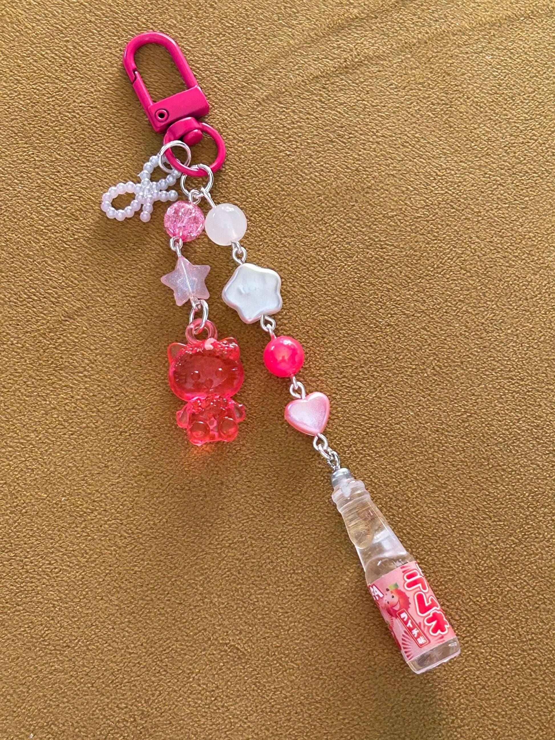 HANDMADE Kawaii Cute Themed Sanrio Ramune Drink Bottle Keychains Dark Pink Hello Kitt