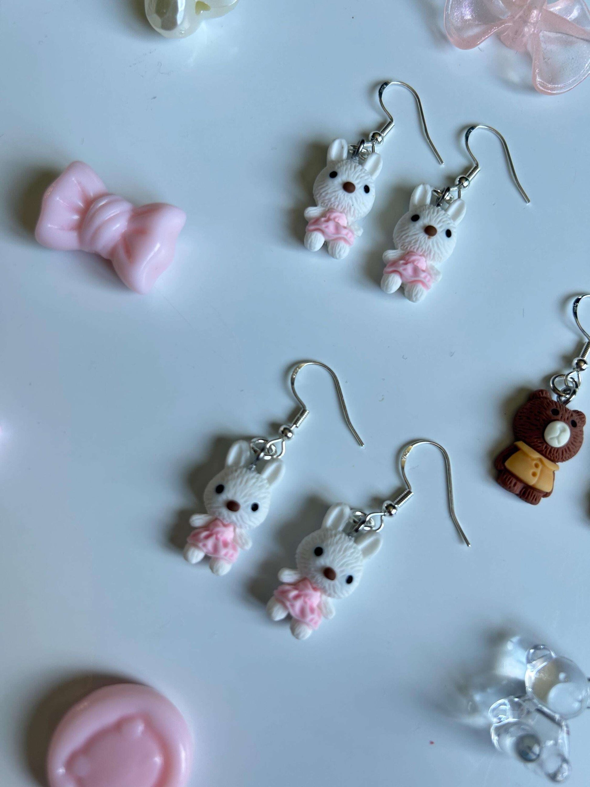 Handmade Super Cute Coquette Sterling Silver Fish Hook Earrings with Cute Bunnies and Bears Bunnies
