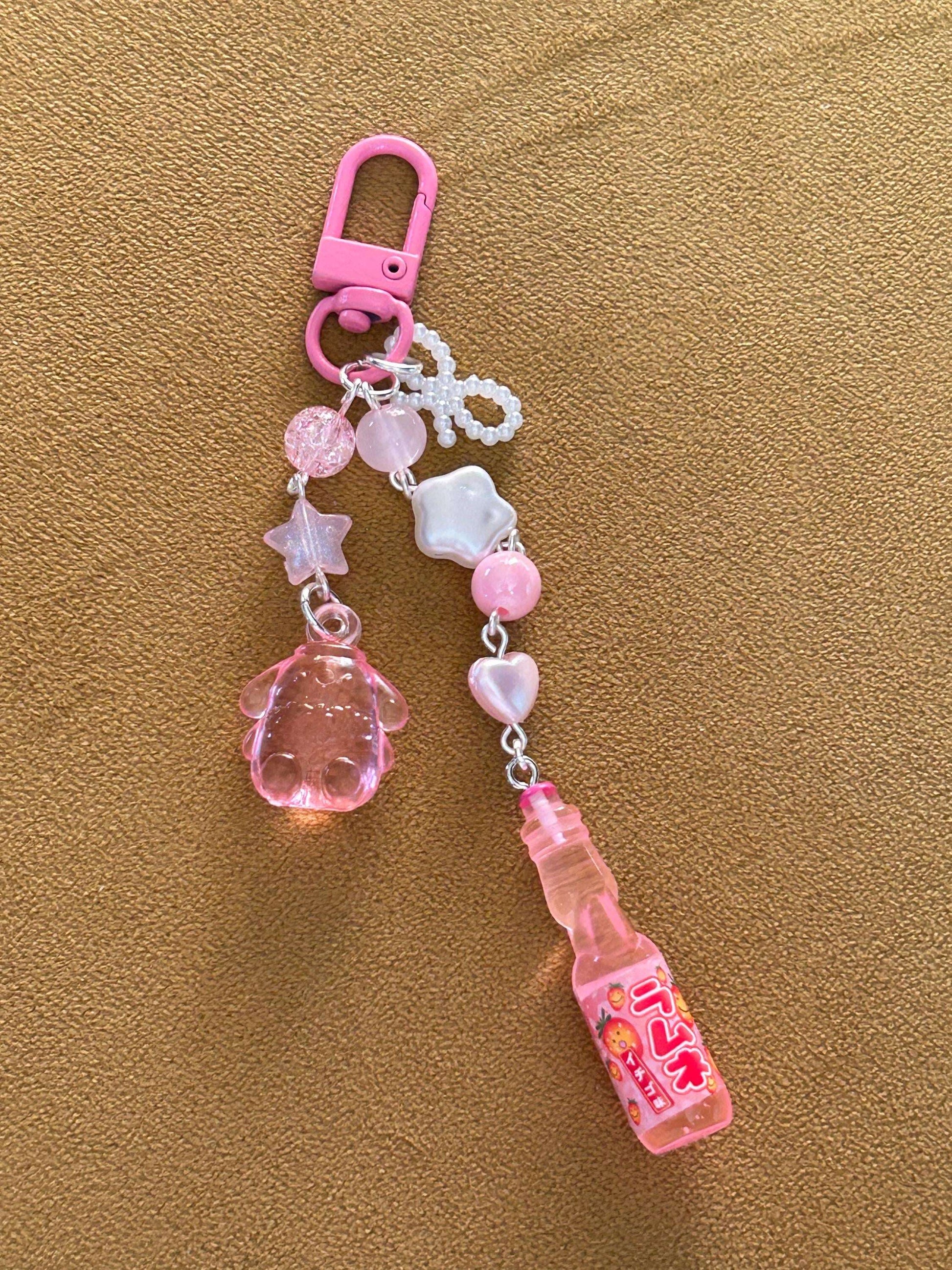 HANDMADE Kawaii Cute Themed Sanrio Ramune Drink Bottle Keychains Pink Pompom