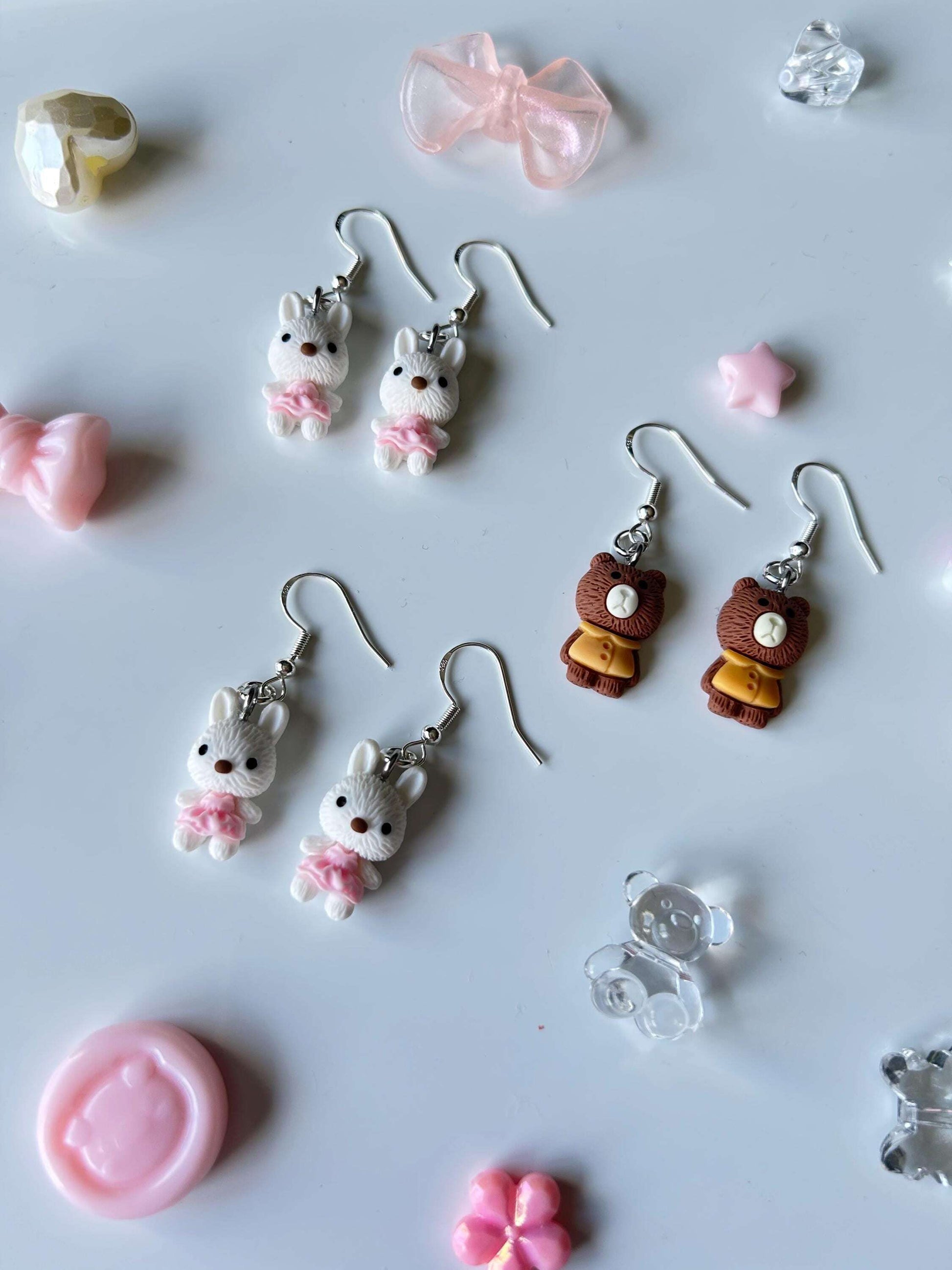 Handmade Super Cute Coquette Sterling Silver Fish Hook Earrings with Cute Bunnies and Bears