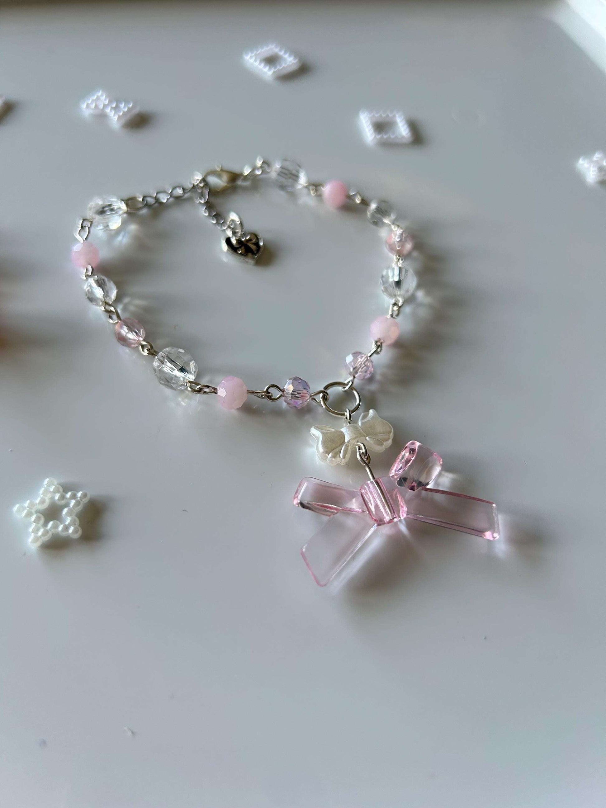 Pretty Handmade Coquette Beaded Bracelets Pink Bow