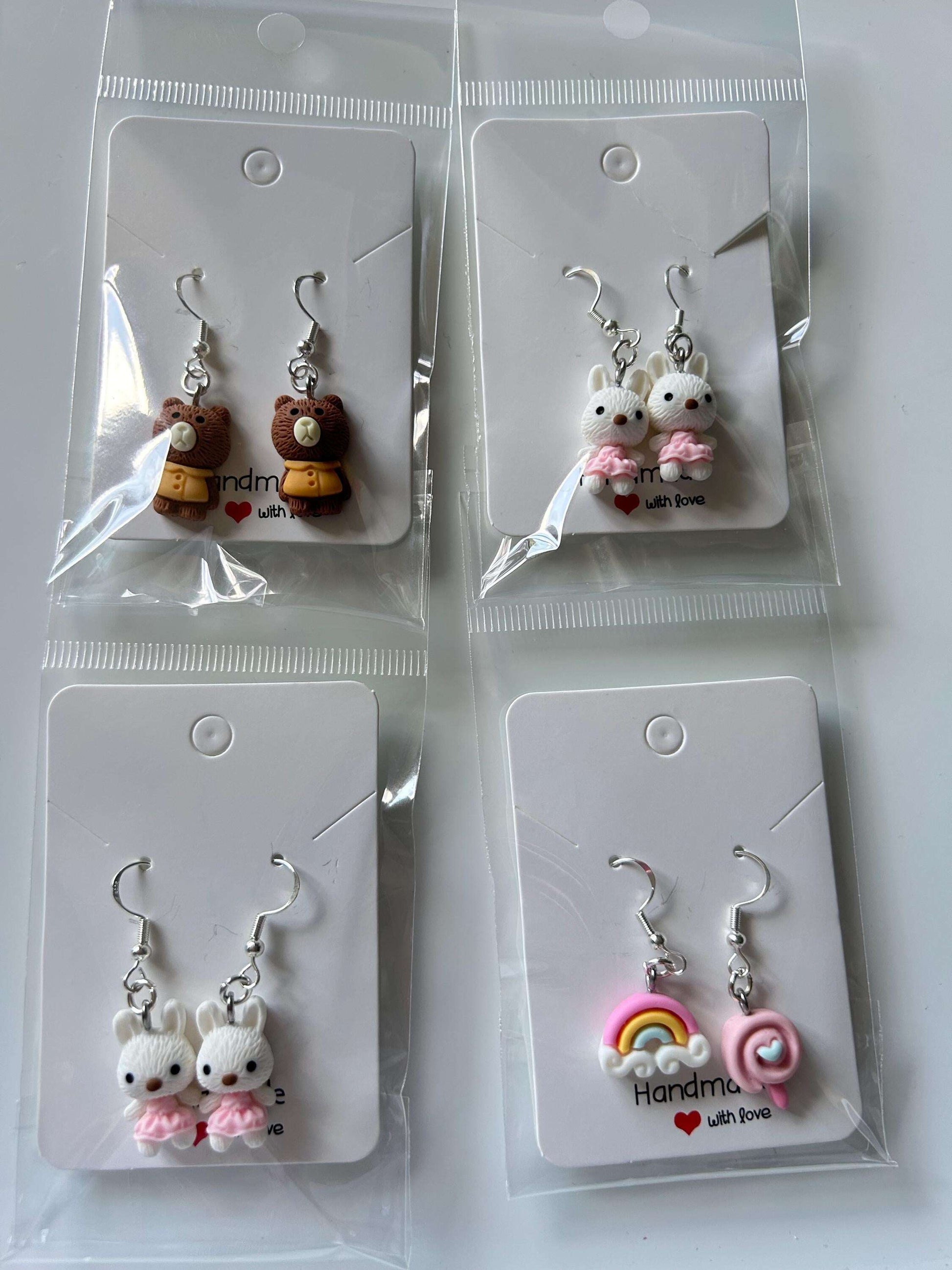 Handmade Super Cute Coquette Sterling Silver Fish Hook Earrings with Cute Bunnies and Bears