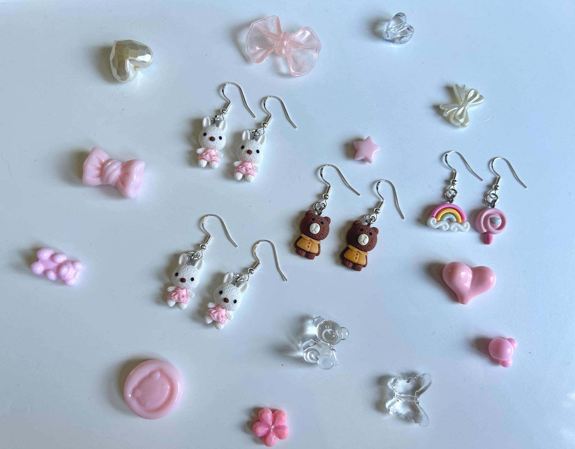 Handmade Super Cute Coquette Sterling Silver Fish Hook Earrings with Cute Bunnies and Bears