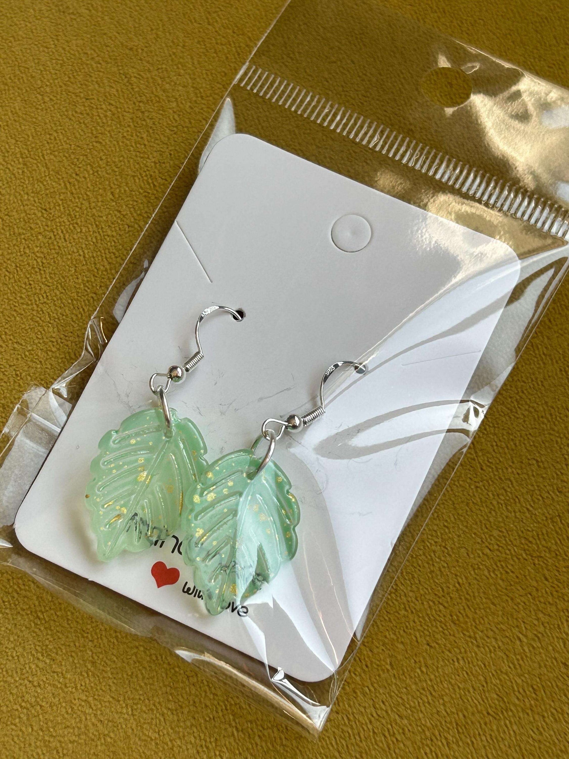 NEW Handmade Cute Coquette Sterling Silver Leaf Earrings Green Gold Fleck