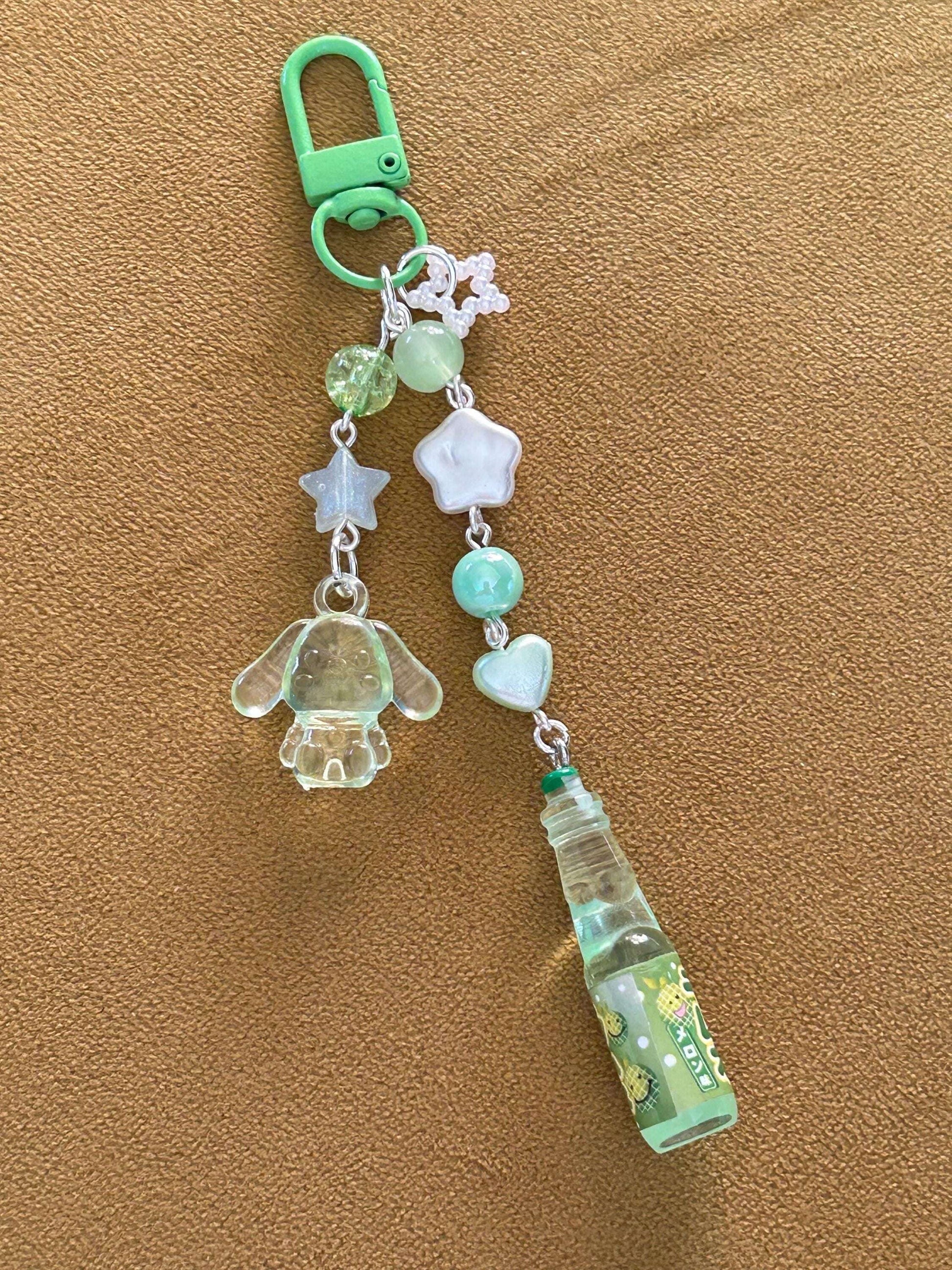 HANDMADE Kawaii Cute Themed Sanrio Ramune Drink Bottle Keychains Green Cinnamoroll
