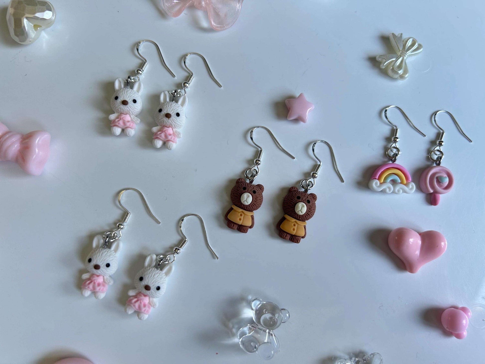 Handmade Super Cute Coquette Sterling Silver Fish Hook Earrings with Cute Bunnies and Bears
