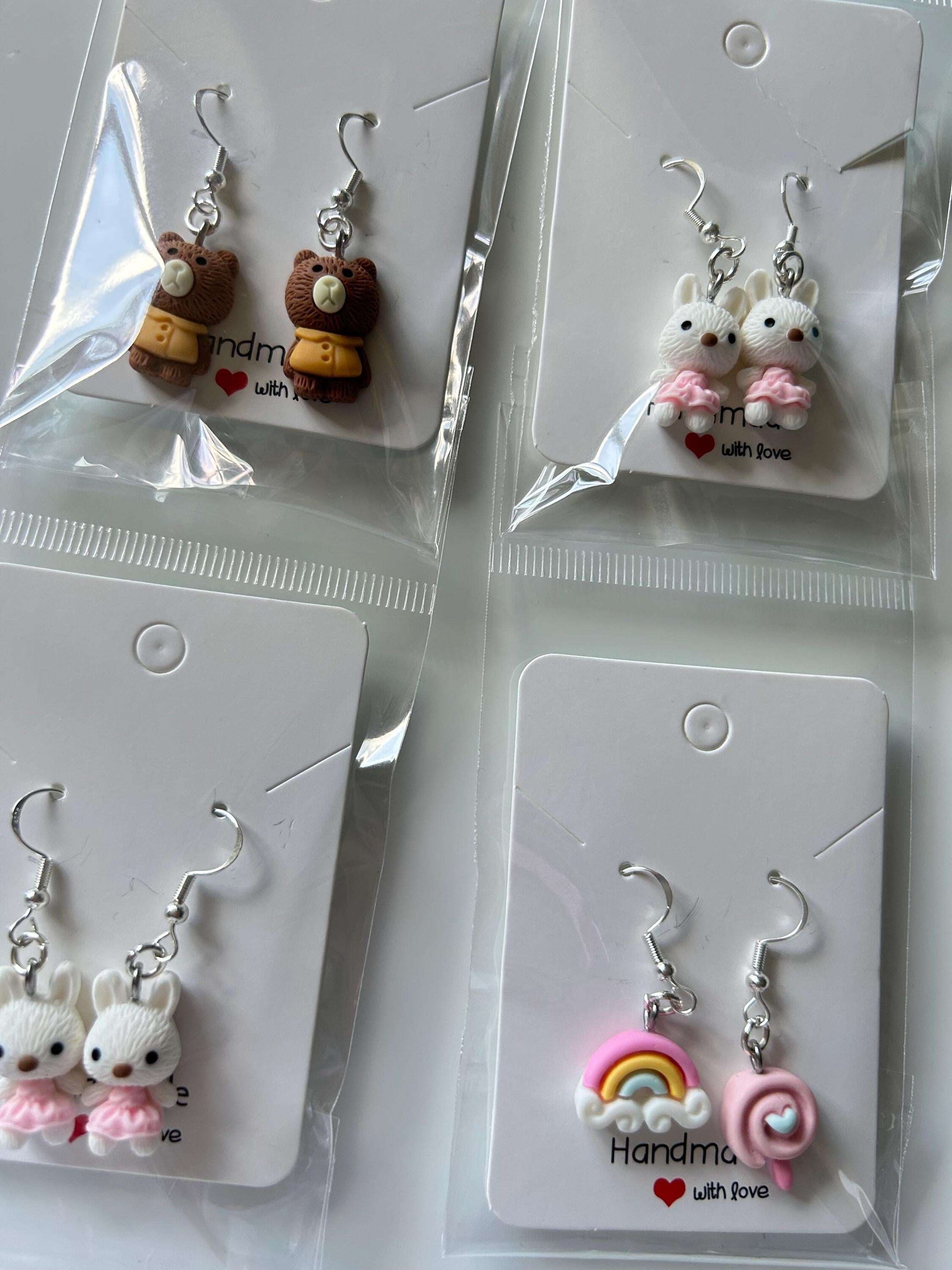 Handmade Super Cute Coquette Sterling Silver Fish Hook Earrings with Cute Bunnies and Bears