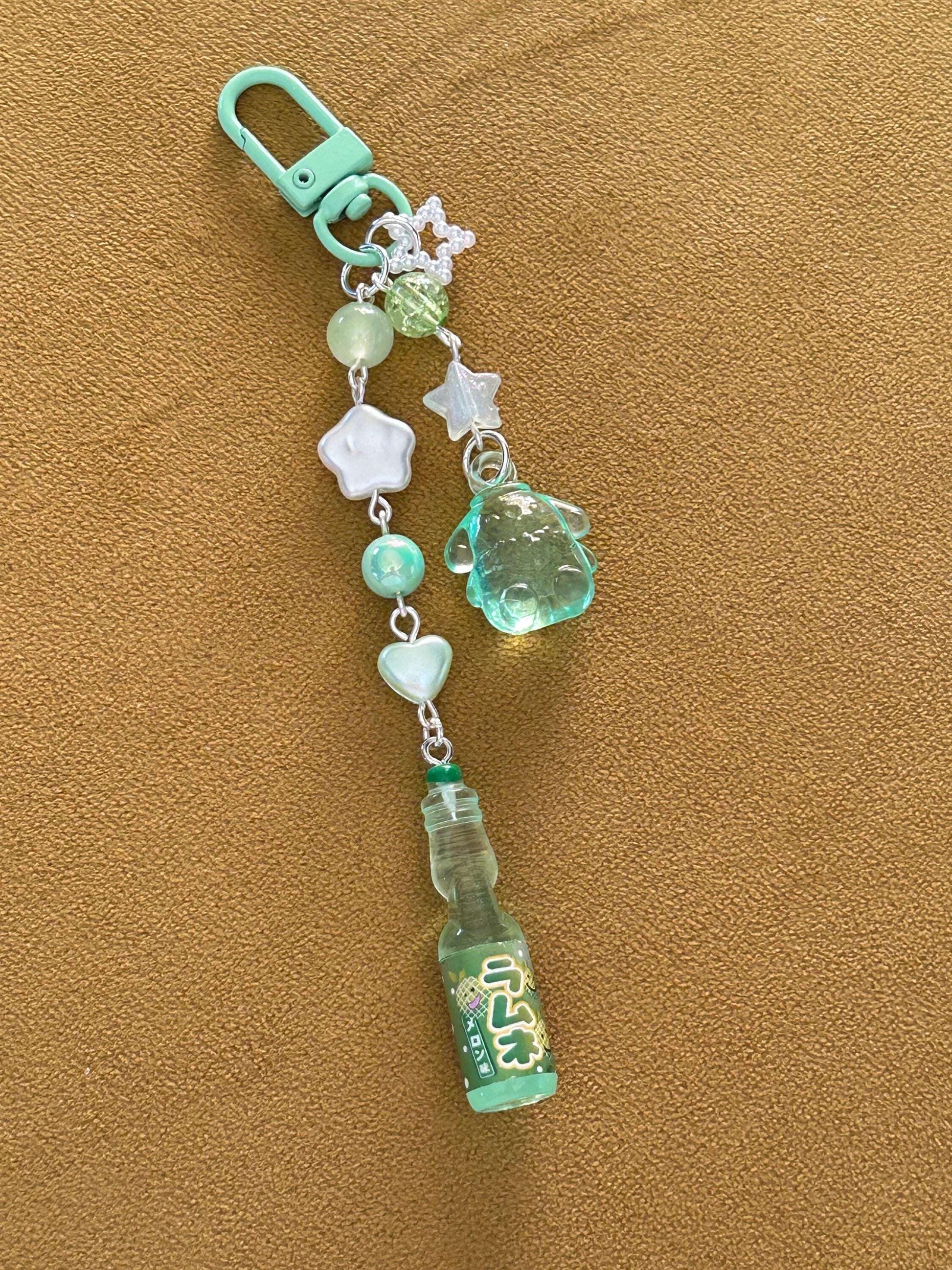 HANDMADE Kawaii Cute Themed Sanrio Ramune Drink Bottle Keychains Green Pompom