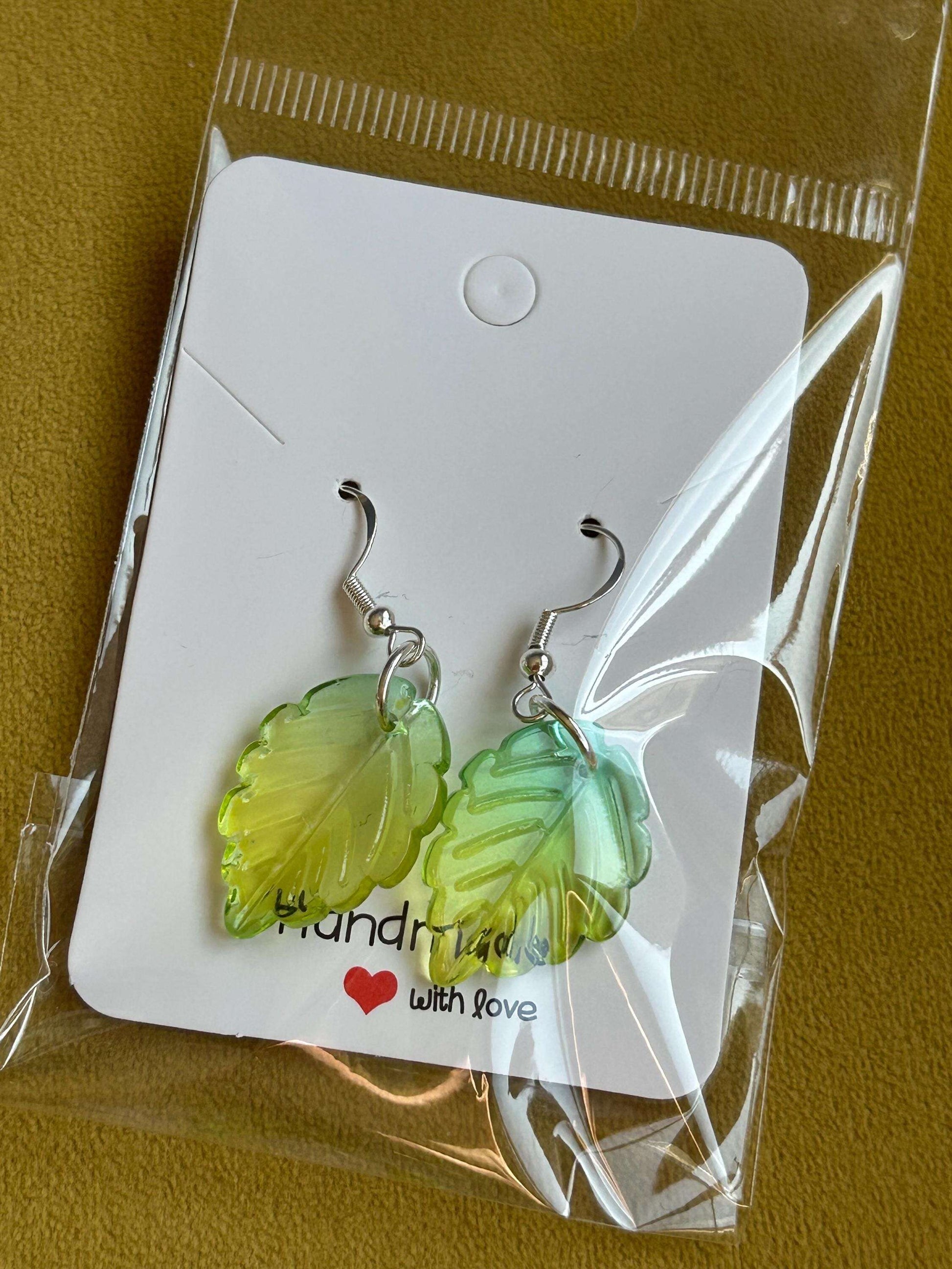 NEW Handmade Cute Coquette Sterling Silver Leaf Earrings Green Yellow