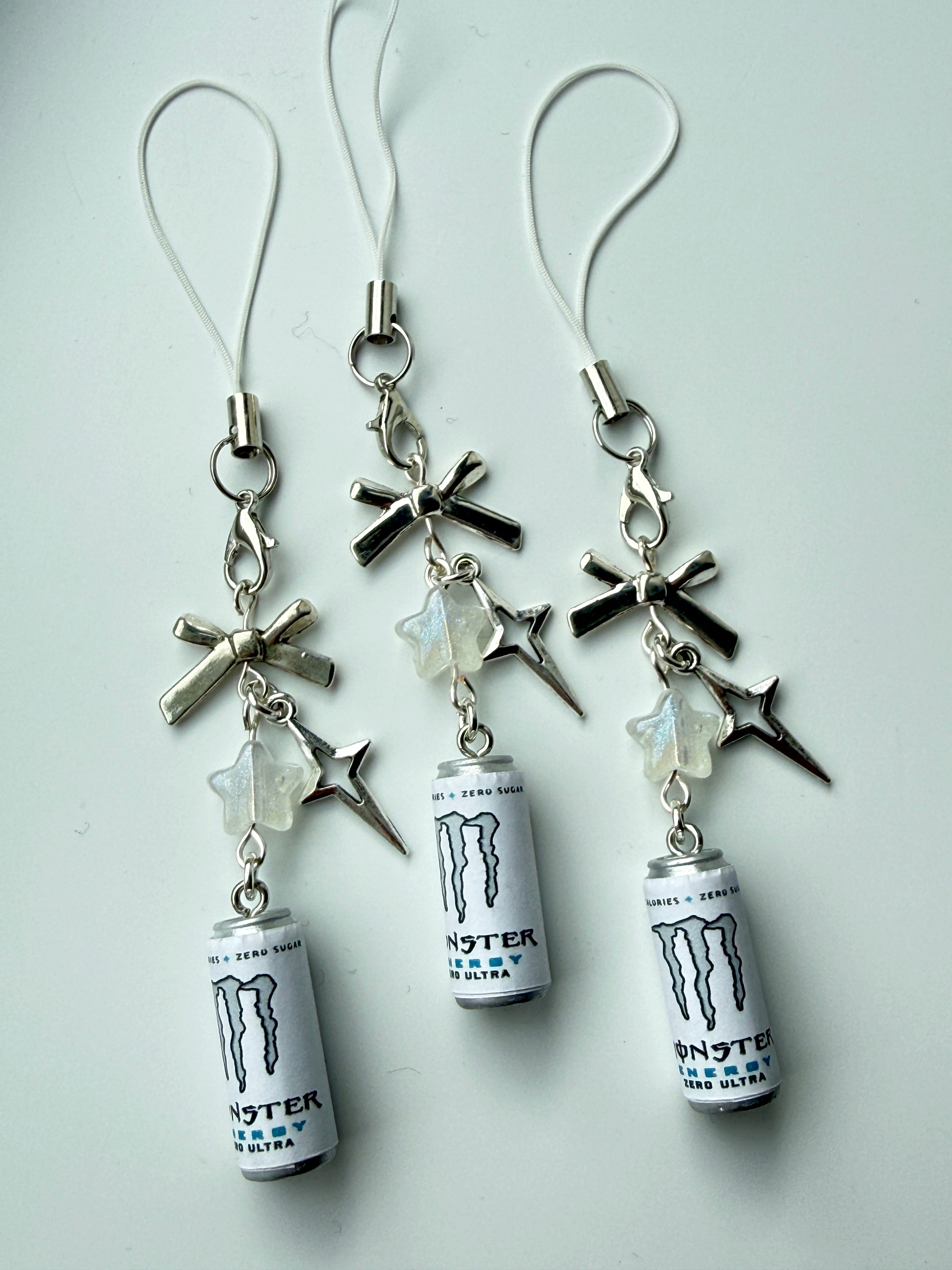 Mini Energy Drink Can Phone Charm  Handmade Mini Can Phone Strap | Kawaii Y2K Accessory | Cute Bag Charm | White & Silver