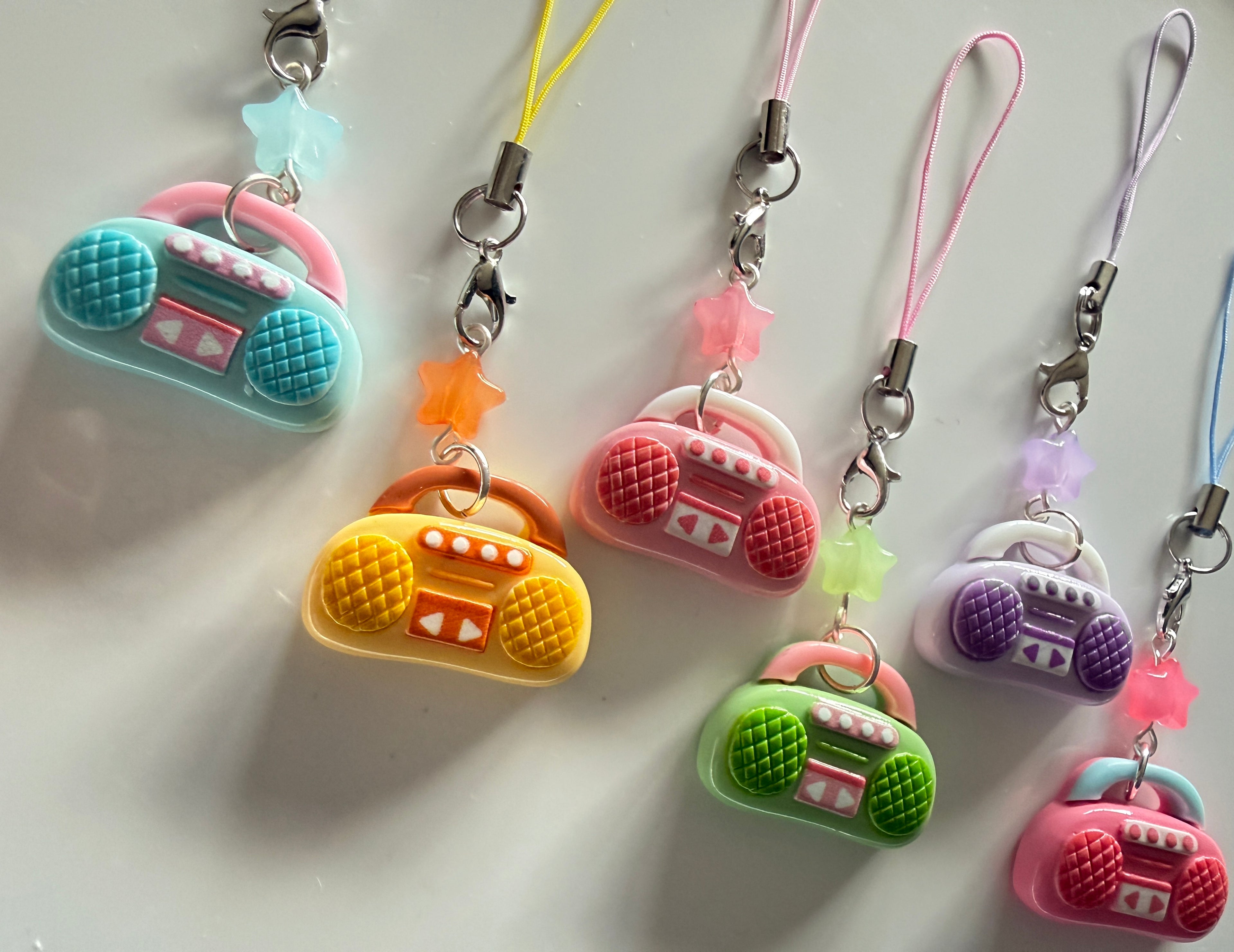 Handmade Kawaii Boombox Phone Charm, Y2K Retro Music charm, Pastel Tech Accessory