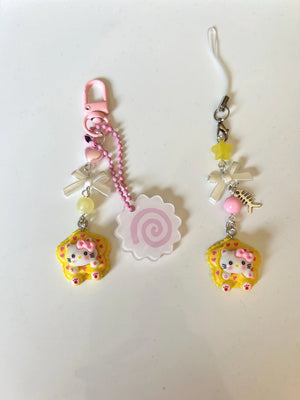 Handmade Cute Hello Kitty Cookie Themed Phone Charms and Matching Keychains