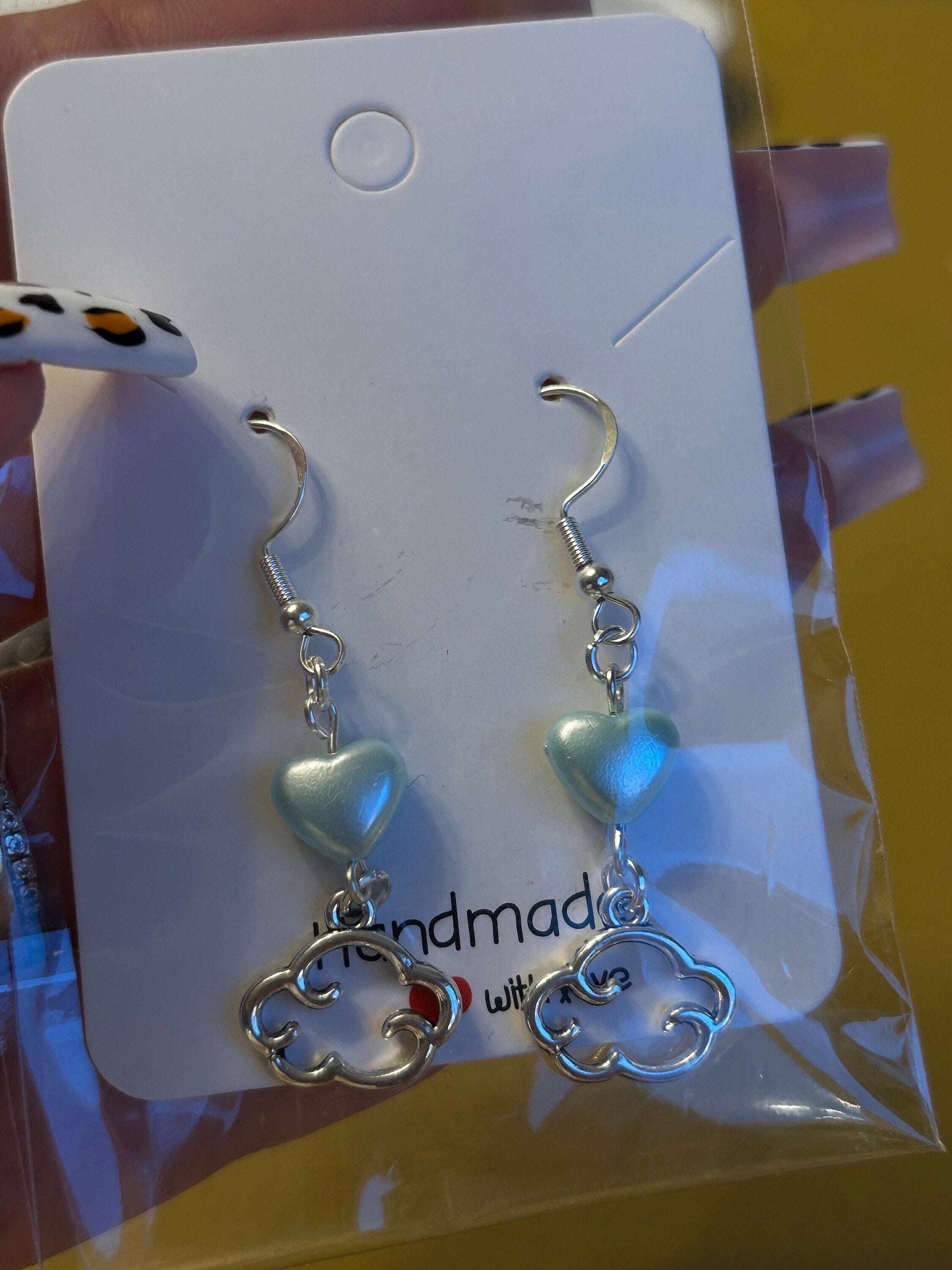 Handmade Cute Coquette Sterling Silver Clouds and Stars Earrings Blue Cloud