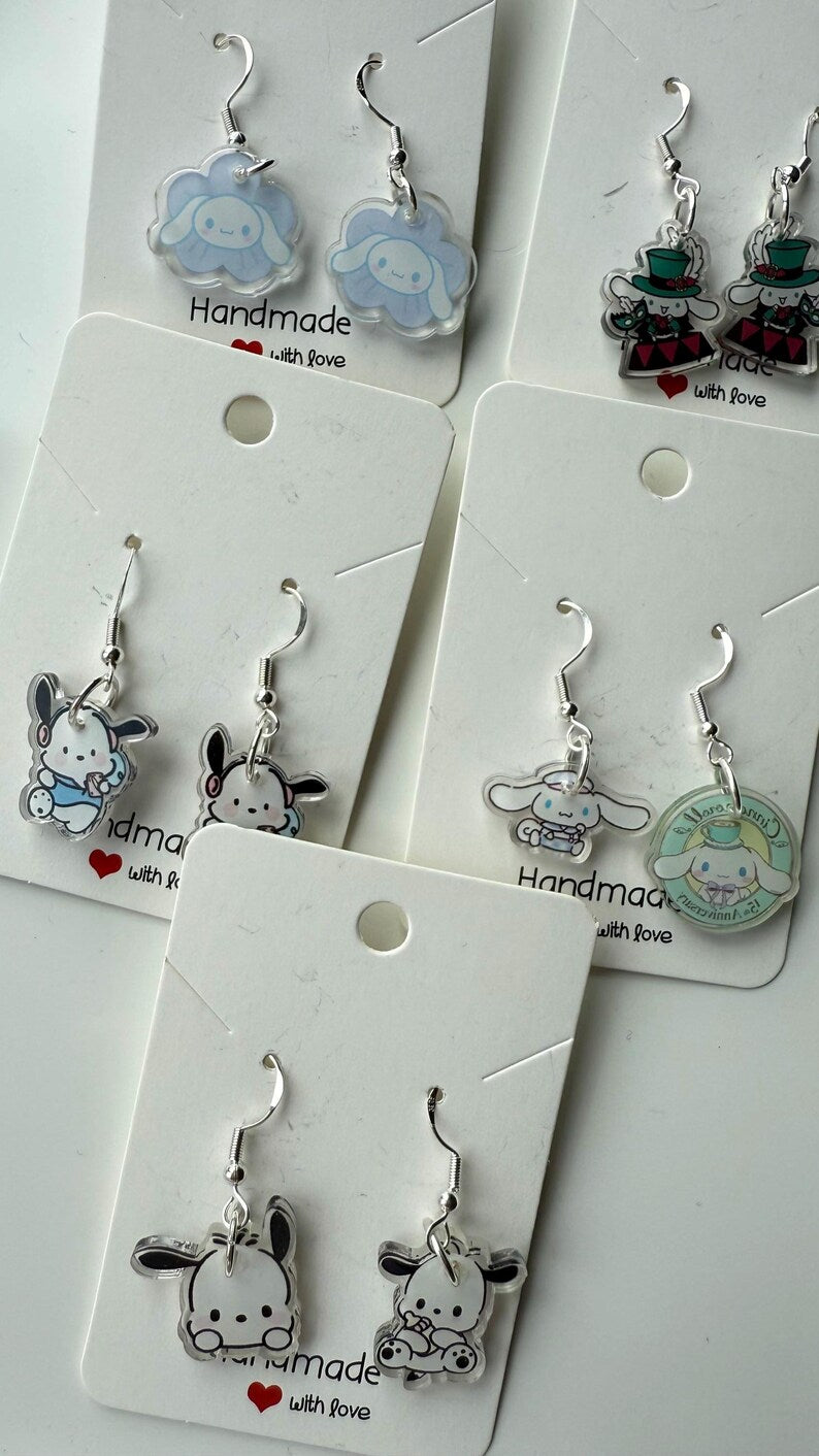 Handmade Cute Sanrio Themed Cinnamoroll and pochacco Sterling Silver Earrings