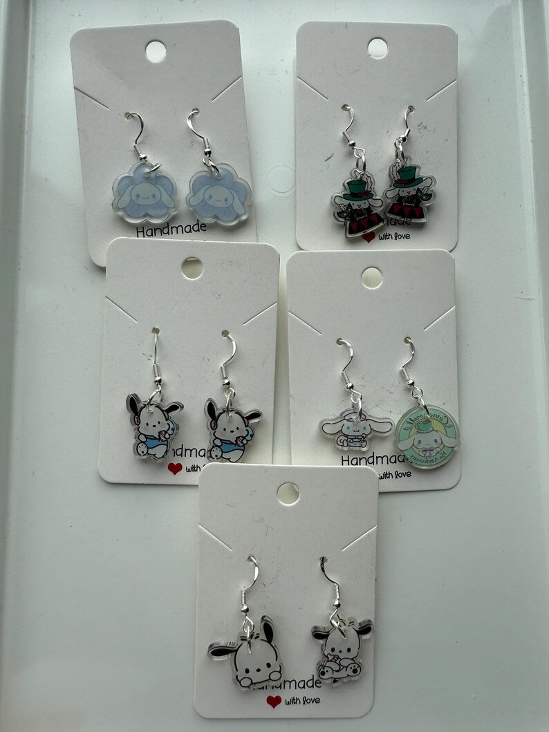 Handmade Cute Sanrio Themed Cinnamoroll and pochacco Sterling Silver Earrings