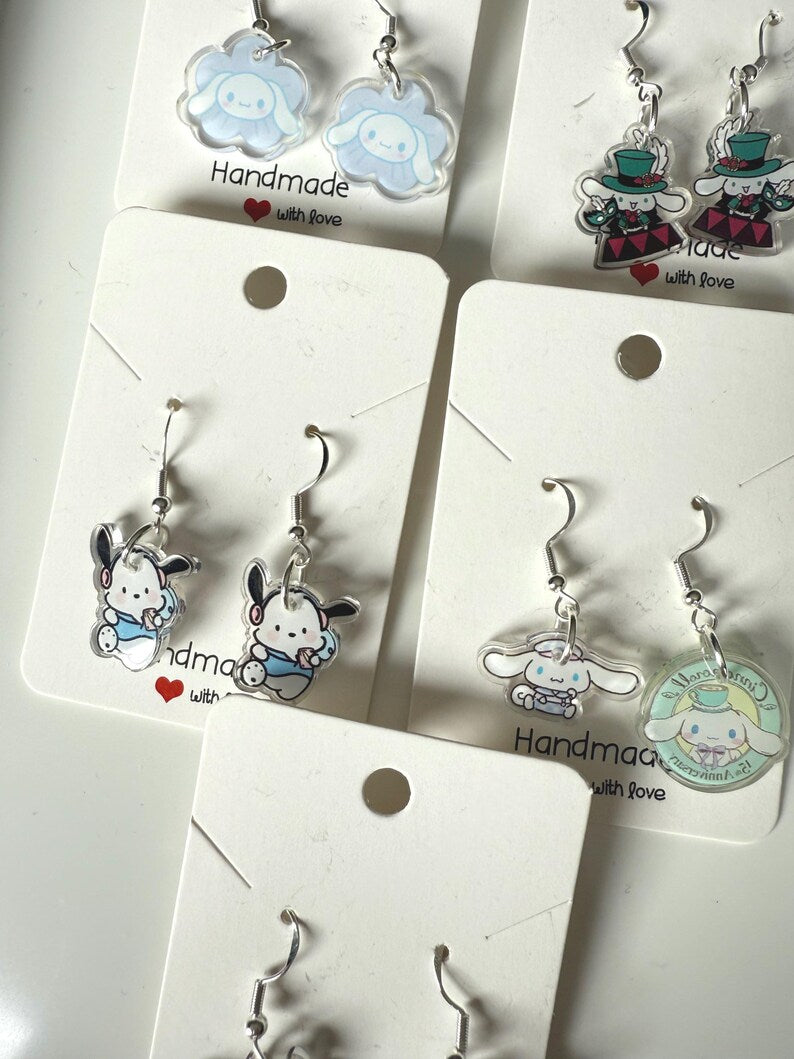 Handmade Cute Sanrio Themed Cinnamoroll and pochacco Sterling Silver Earrings
