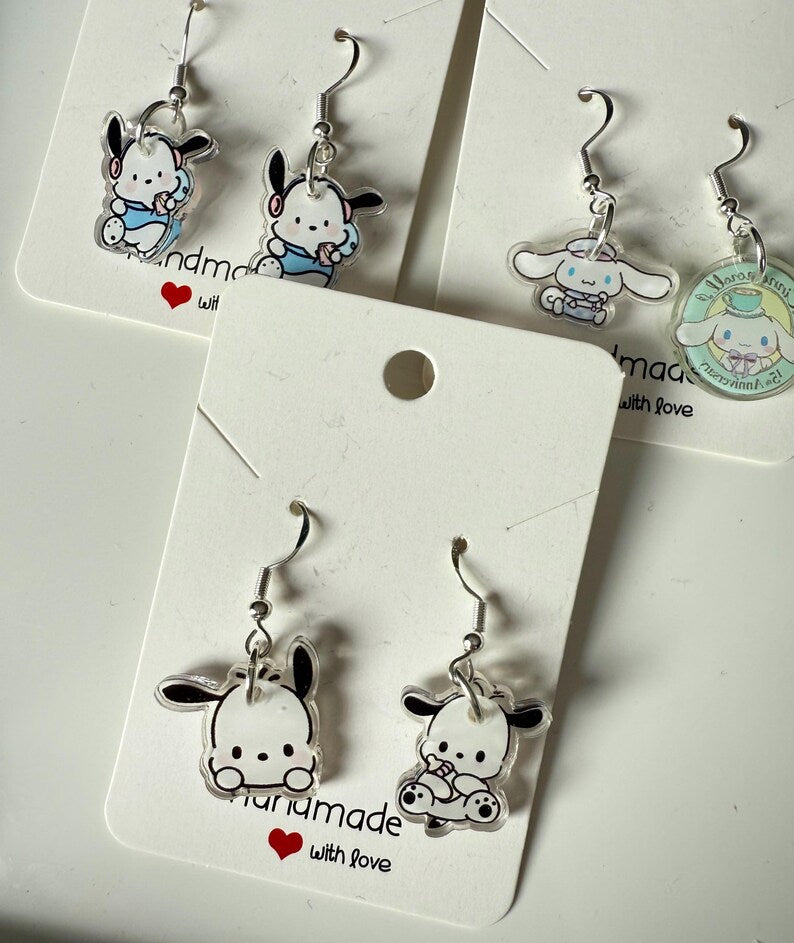 Handmade Cute Sanrio Themed Cinnamoroll and pochacco Sterling Silver Earrings