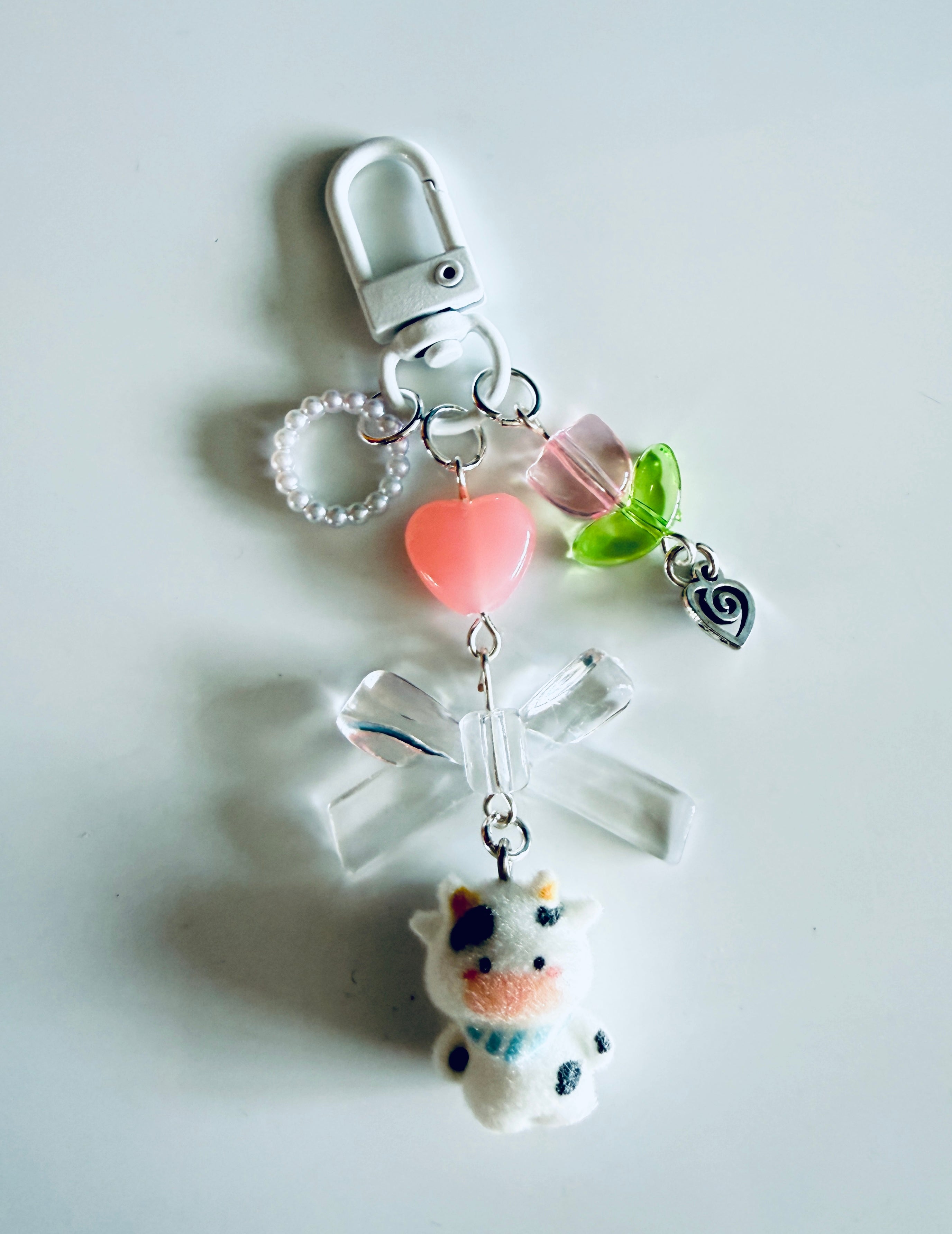 Handmade Fuzzy Cow Bag Charm | Kawaii Cow Keychain | Pastel Coquette Phone Charm | Cute Cottagecore Gift | Farmcore Accessory