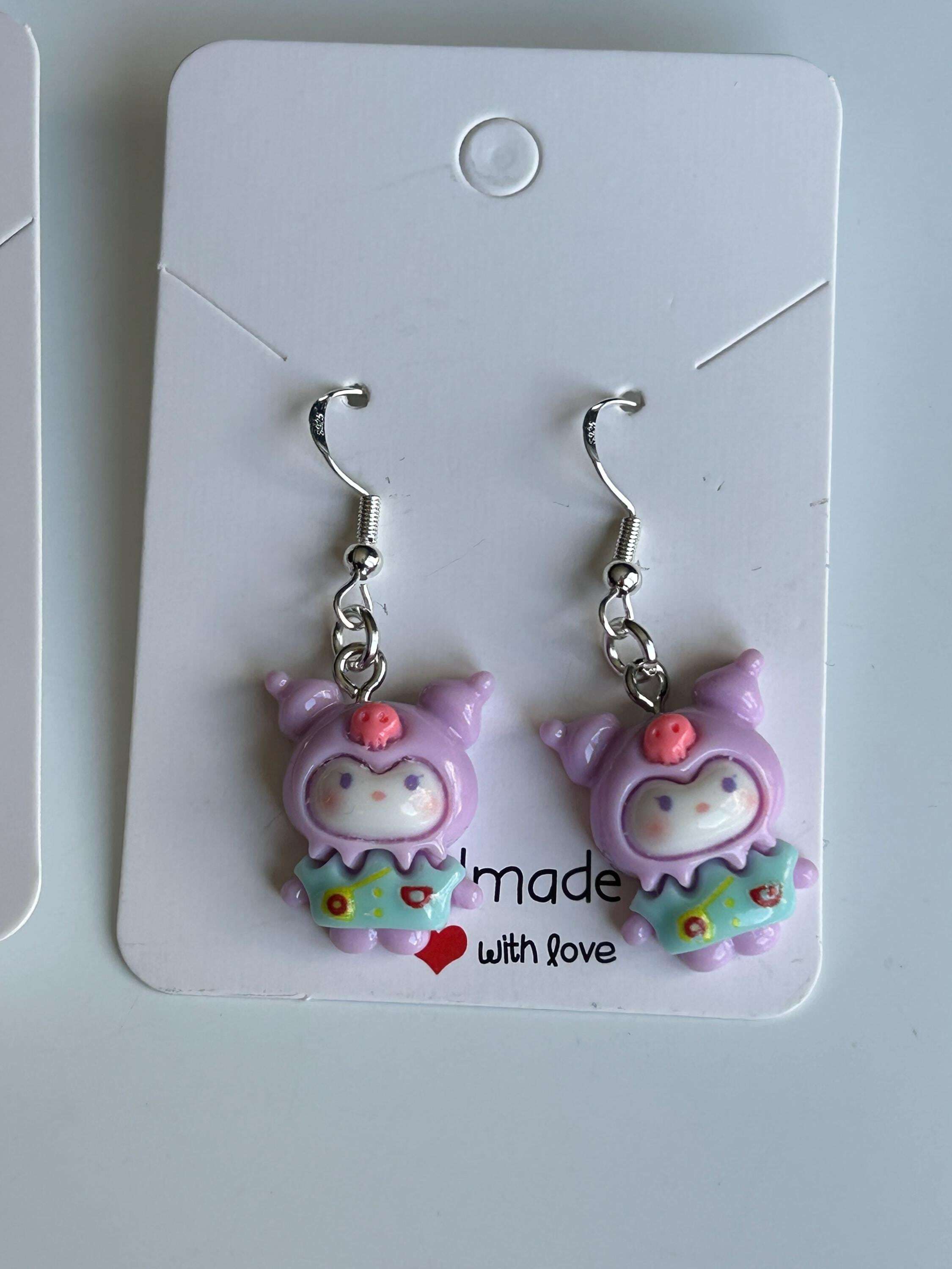 Handmade Cute Sanrio Spring Themed Kuromi Charm Sterling Silver Earrings