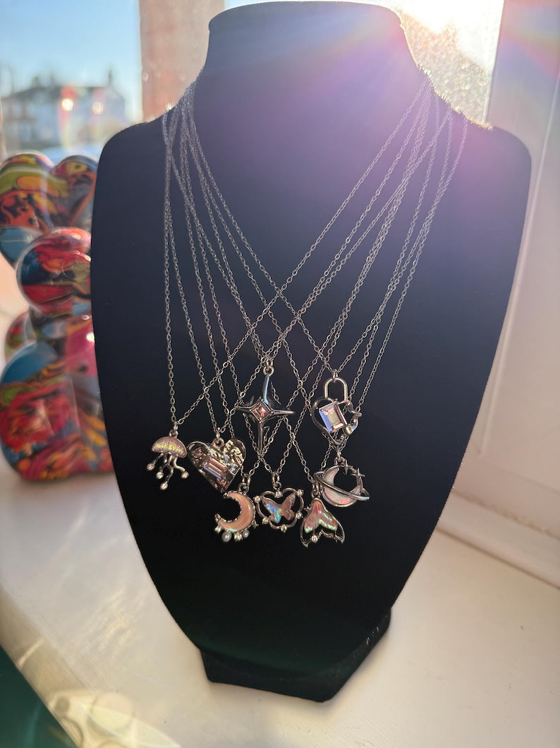 Handmade Whimsical Pink Gem Necklace 17”