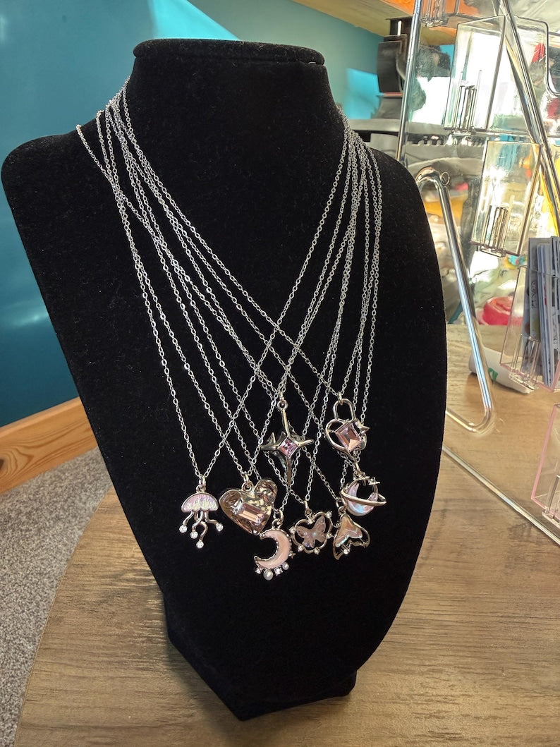 Handmade Whimsical Pink Gem Necklace 17”