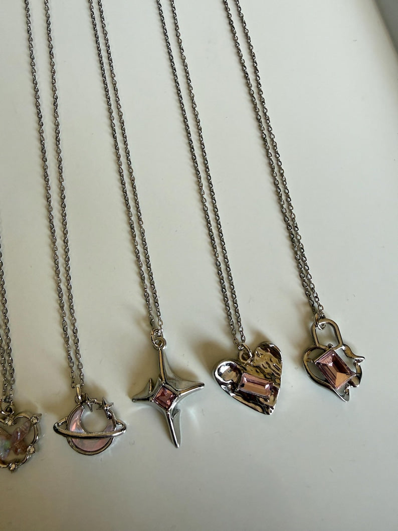 Handmade Whimsical Pink Gem Necklace 17”