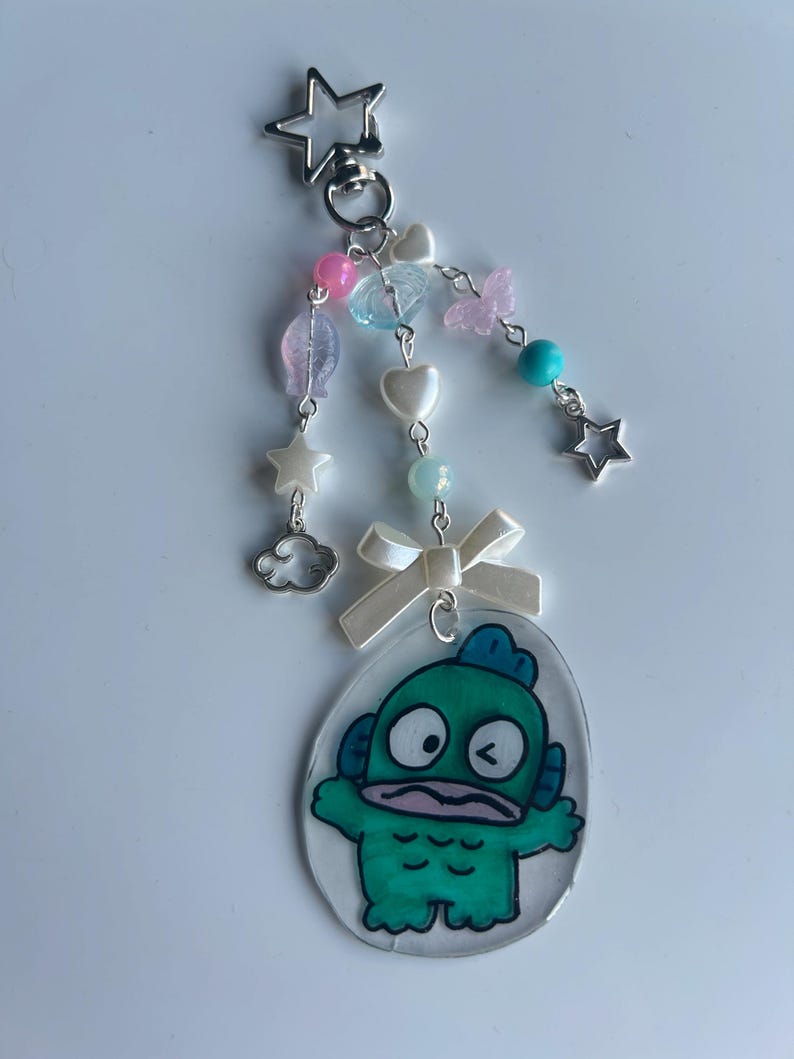 HANDMADE Cute Hand Drawn Shrinky Dink Hangyodon Inspired Keychain