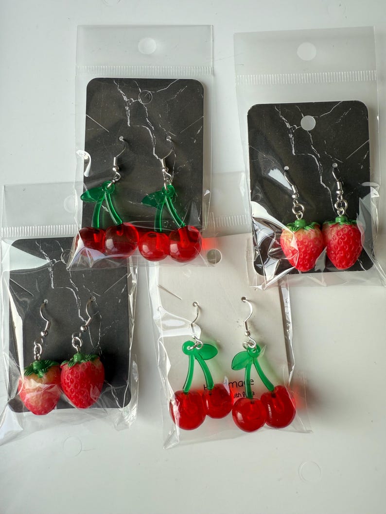 Handmade Cute Strawberry & Cherry Sterling Silver Earrings