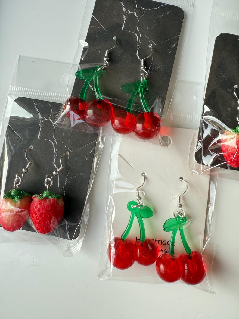 Handmade Cute Strawberry & Cherry Sterling Silver Earrings