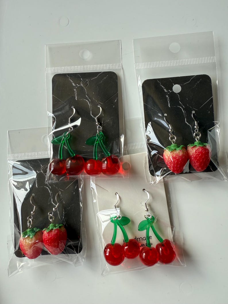 Handmade Cute Strawberry & Cherry Sterling Silver Earrings