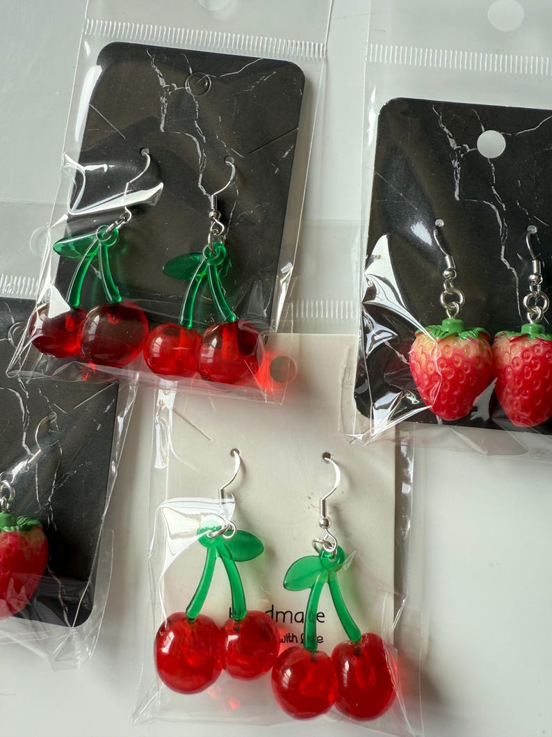 Handmade Cute Strawberry & Cherry Sterling Silver Earrings