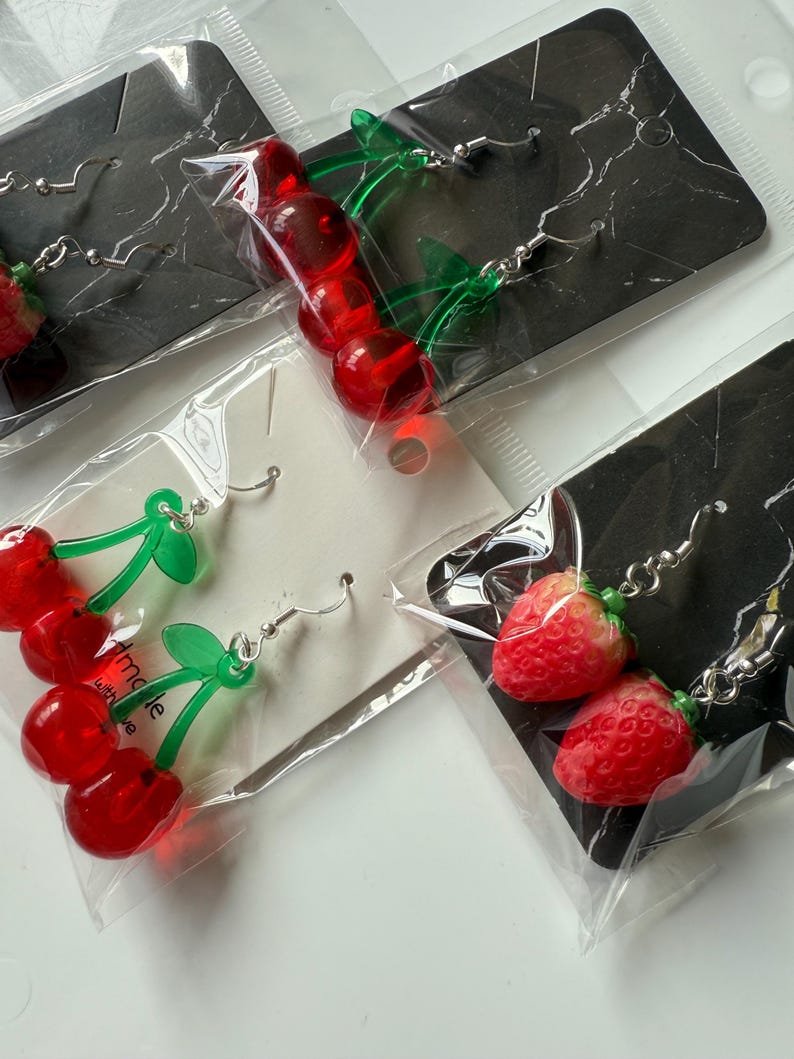 Handmade Cute Strawberry & Cherry Sterling Silver Earrings