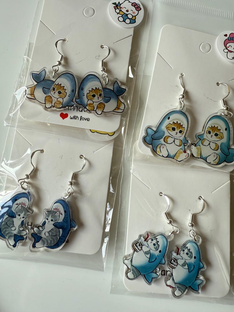 Handmade Kitty Whale Shark Sterling Silver Earrings Mofusand Inspired