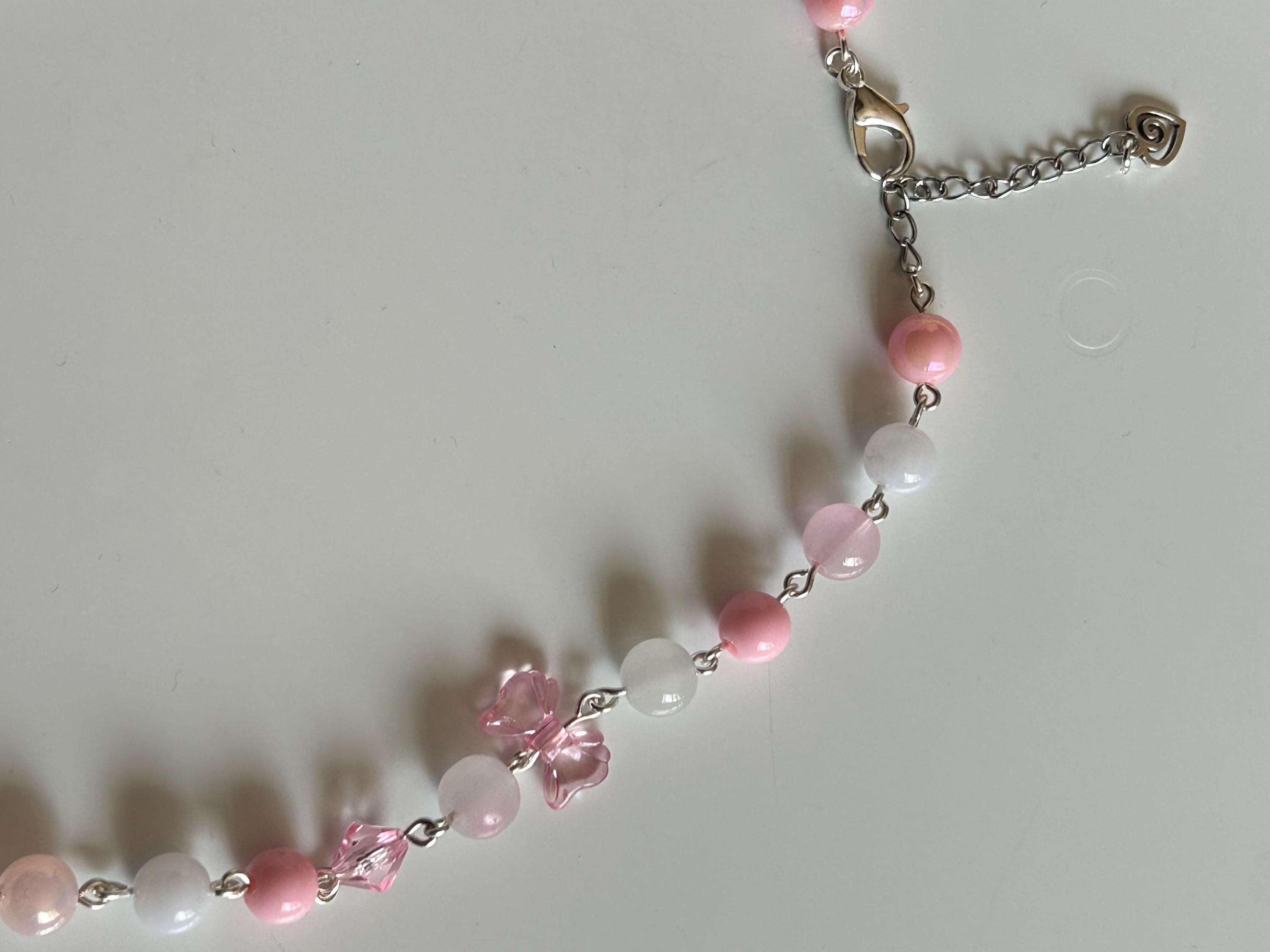 Handmade Pink Hearts and Bows Necklace 16”
