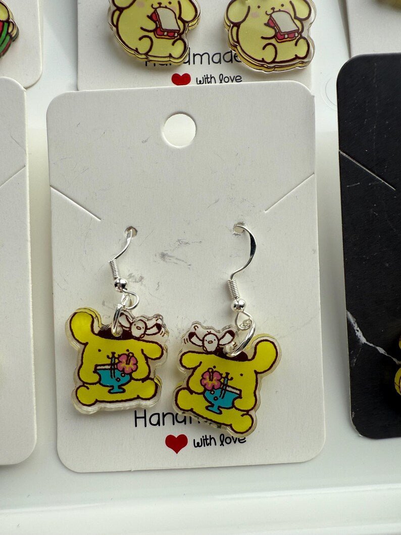 Handmade Cute Sanrio Themed Pompompurin Sterling Silver Earrings