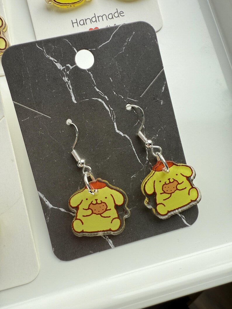 Handmade Cute Sanrio Themed Pompompurin Sterling Silver Earrings