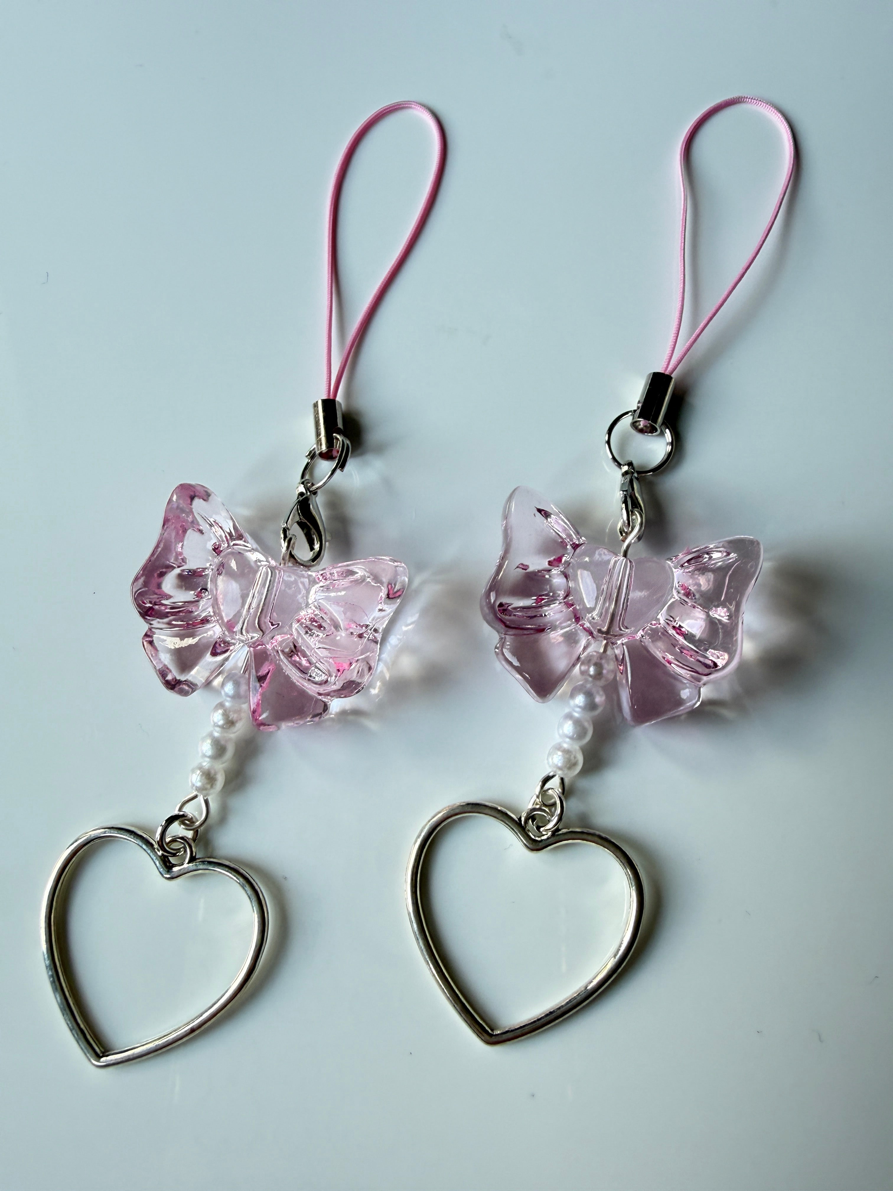 Coquette Pink Bow Phone Charm – Pearl Heart