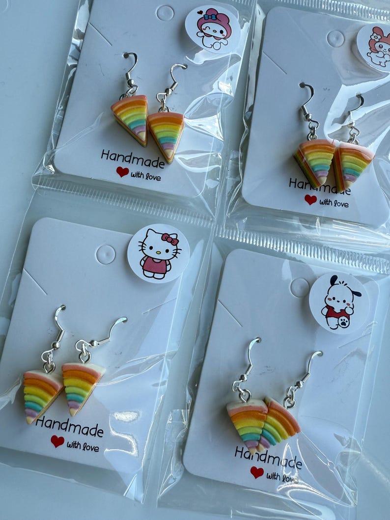 Handmade Kawaii Rainbow Cake Earrings: Sterling Silver Fish Hook