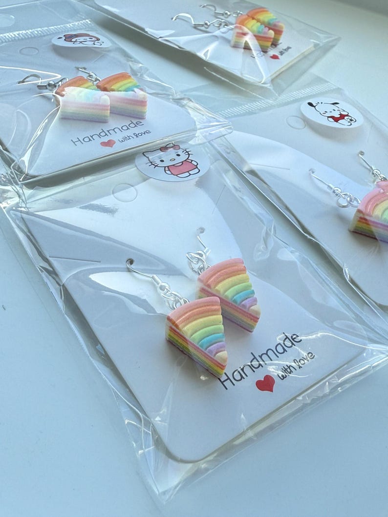 Handmade Kawaii Rainbow Cake Earrings: Sterling Silver Fish Hook