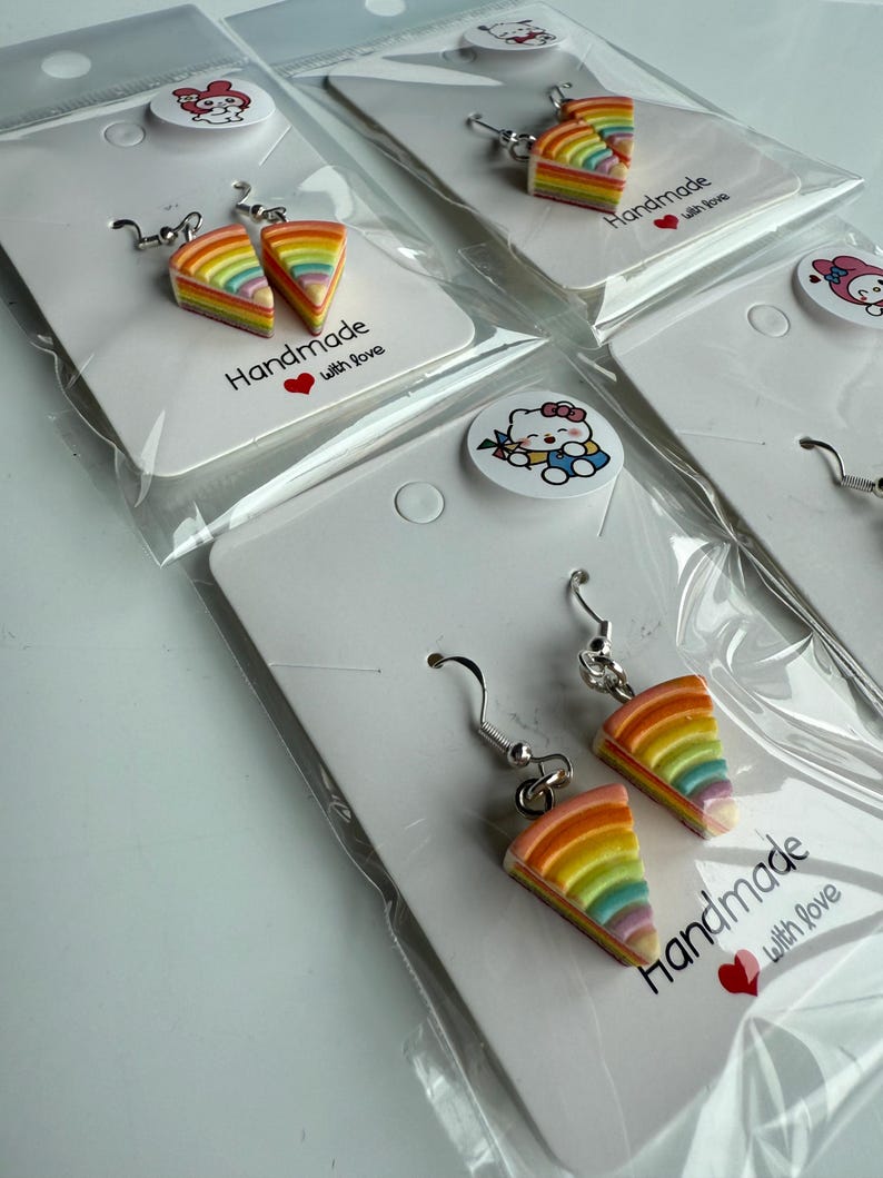 Handmade Kawaii Rainbow Cake Earrings: Sterling Silver Fish Hook
