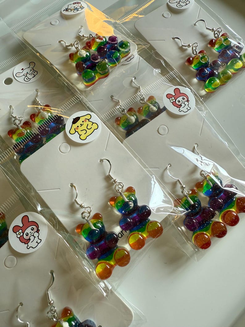 Handmade Kawaii Rainbow Gummy Bear Earrings: Sterling Silver Fish Hook
