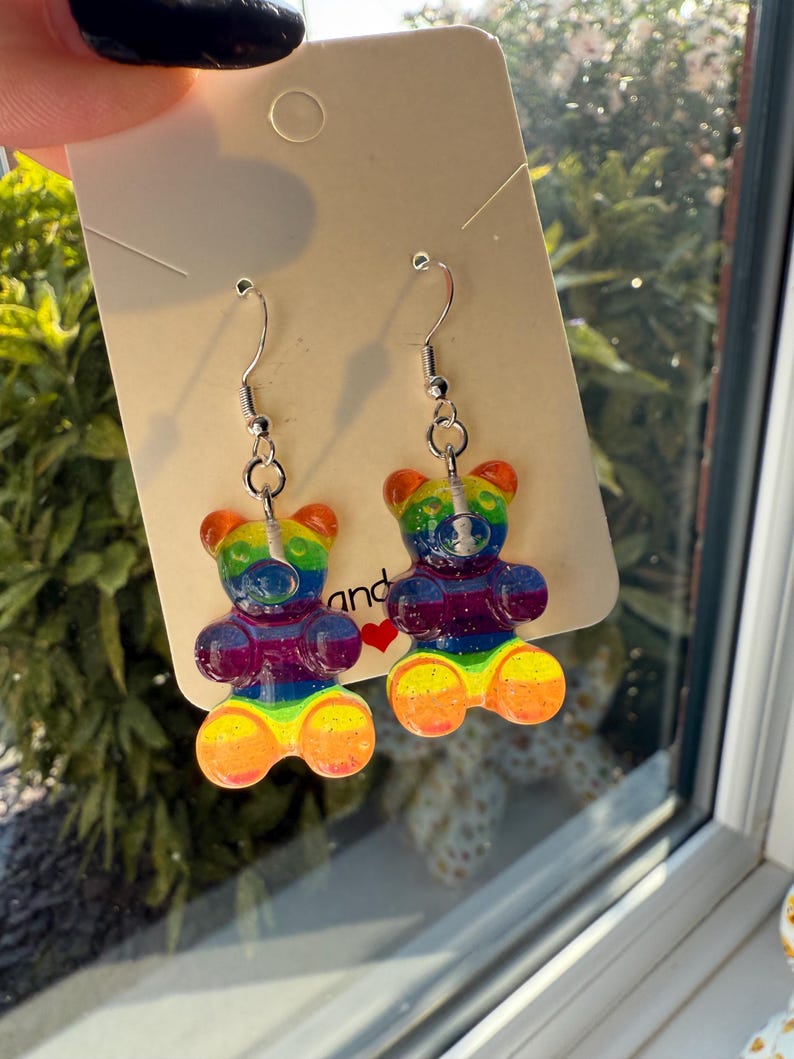 Handmade Kawaii Rainbow Gummy Bear Earrings: Sterling Silver Fish Hook