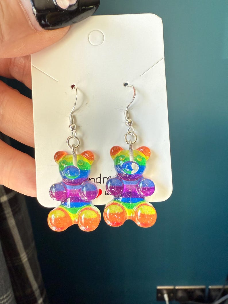 Handmade Kawaii Rainbow Gummy Bear Earrings: Sterling Silver Fish Hook