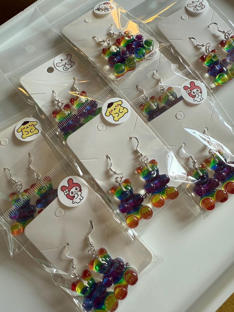 Handmade Kawaii Rainbow Gummy Bear Earrings: Sterling Silver Fish Hook