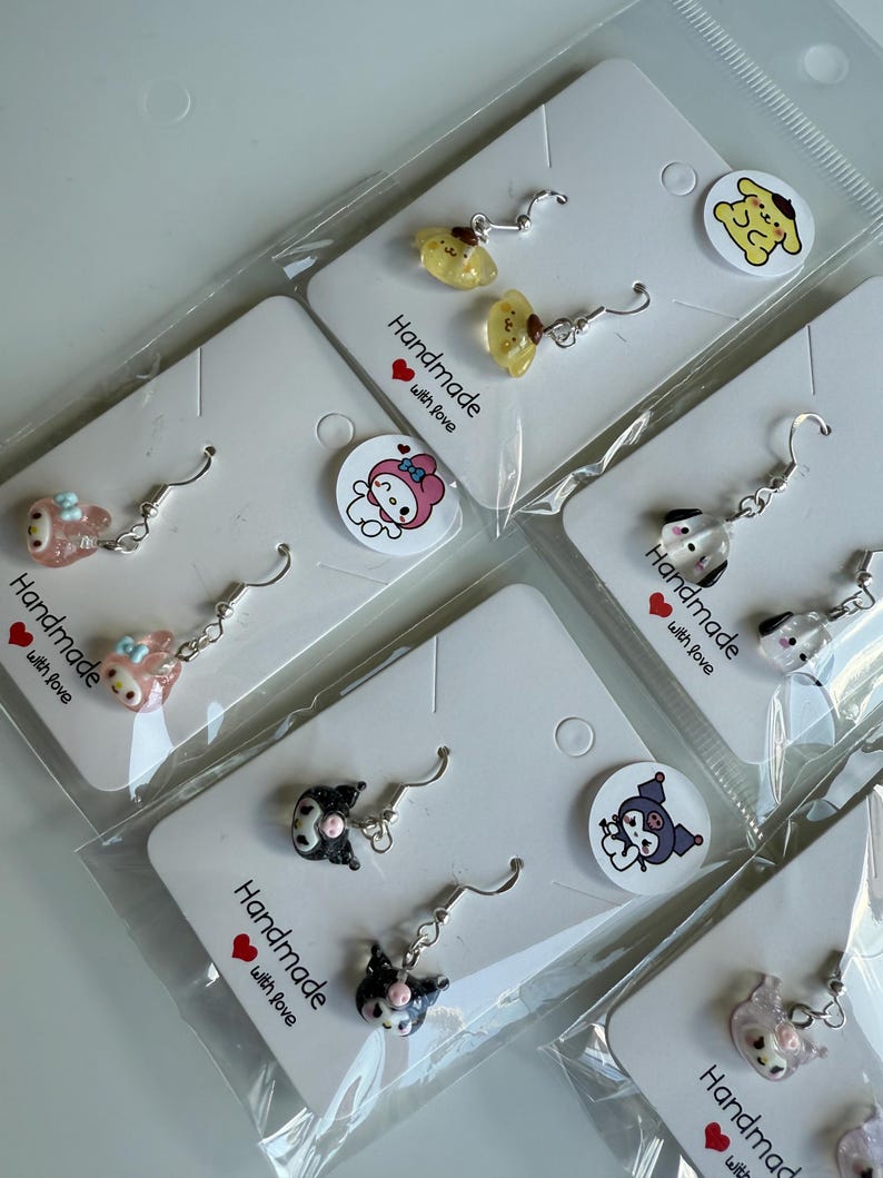 Handmade Mini Sanrio Themed Sterling Silver Earrings, Fish hook, cutecore, hello kitty and friends