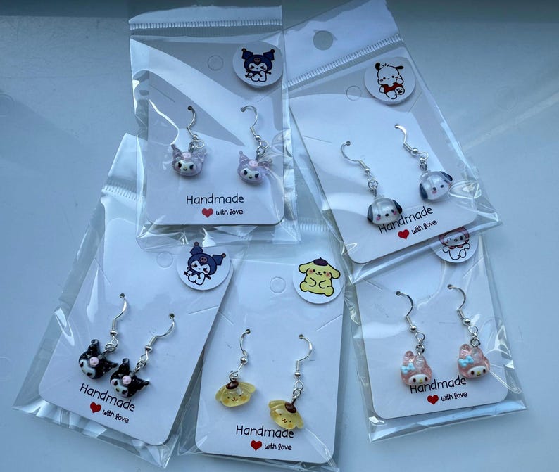 Handmade Mini Sanrio Themed Sterling Silver Earrings, Fish hook, cutecore, hello kitty and friends